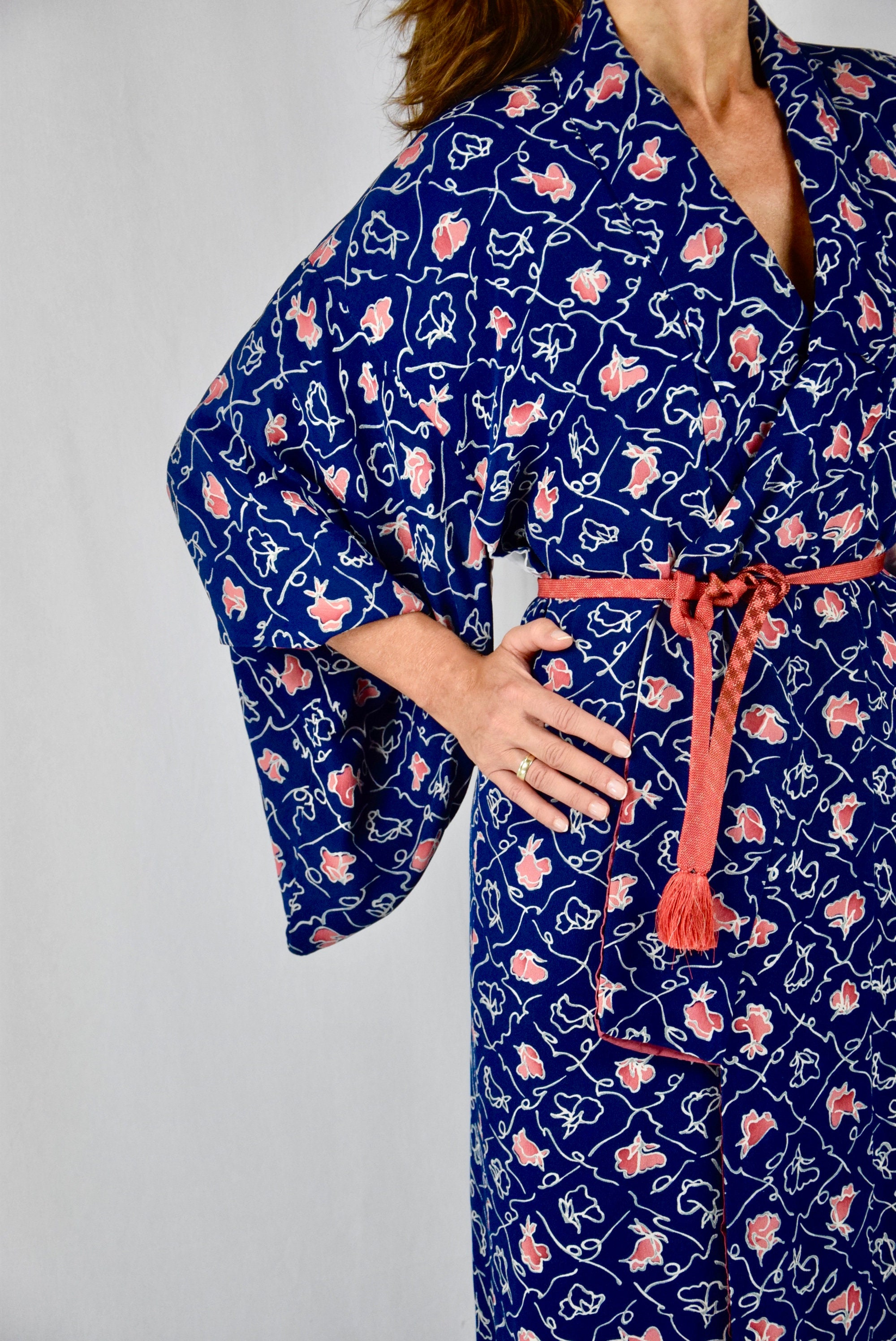 Kimono Dress, Japanese Vintage Kimono Robe in blue Silk with Obijime