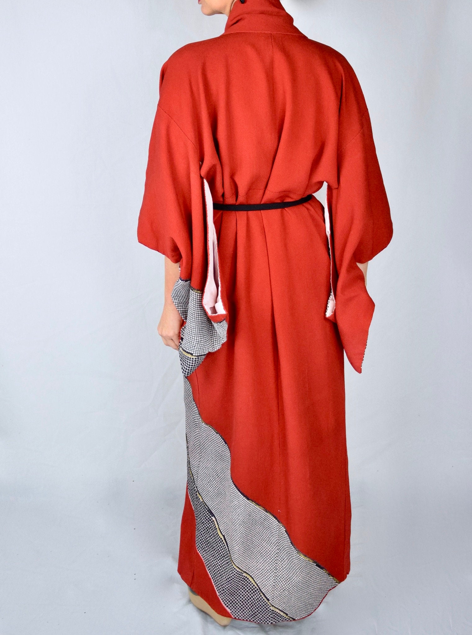 Japanese Vintage Kimono Robe Silk with free Obijime belt, cleaned and