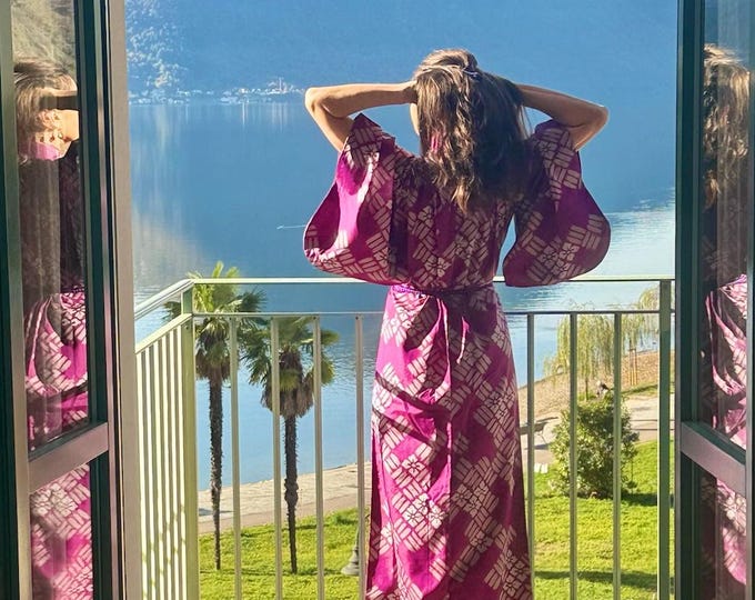 Antique Silk Kimono Robe, Japanese Meisen Ikat, purple color,  Antique Robe Silk, Ladies Japan Kimono with Silk cord belt, Kaftan