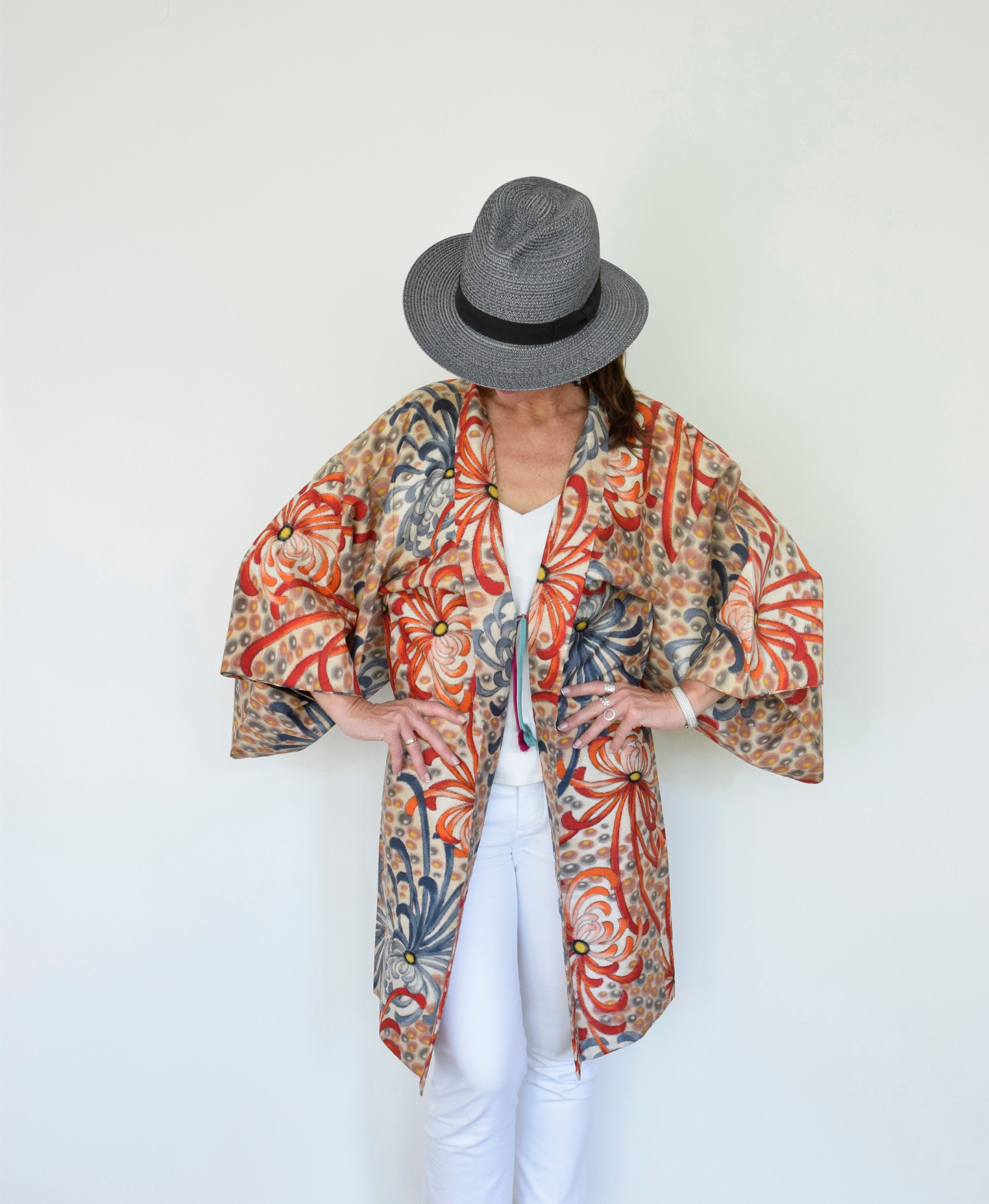 Vintage Meisen Haori, silk Kimono Jacket, short Kimono Jacket, Boho ...