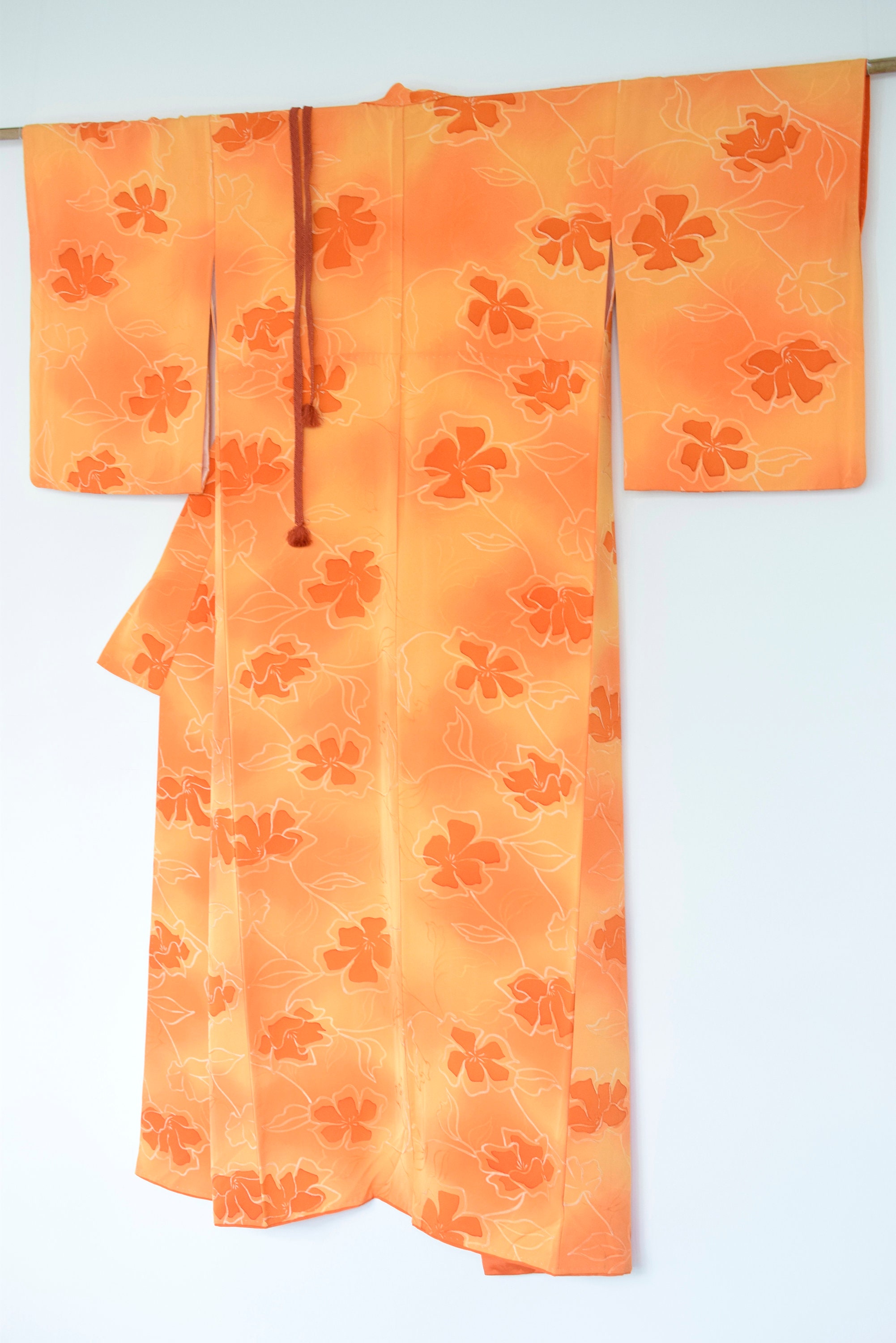 Japanese Vintage Kimono Robe Silk orange with Plumeria, silk Obijime ...