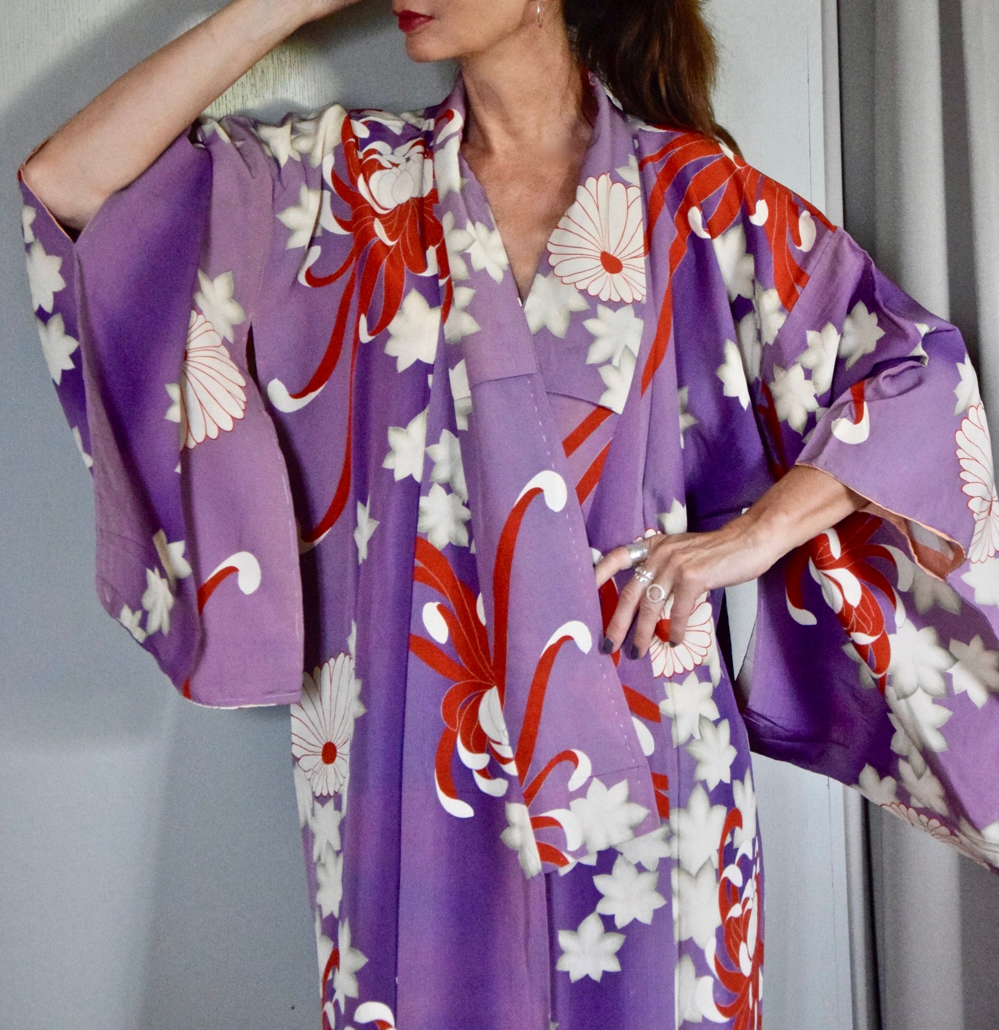 Antique Japanese Kimono Robe purple silk with lilies and chrysanthemums