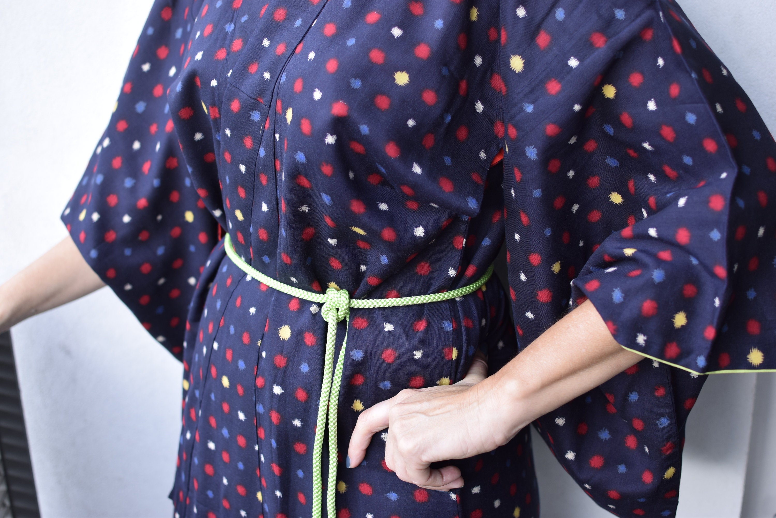 Vintage Kimono dark blue with dots and Belt, Kimono Robe, Coat, Boho