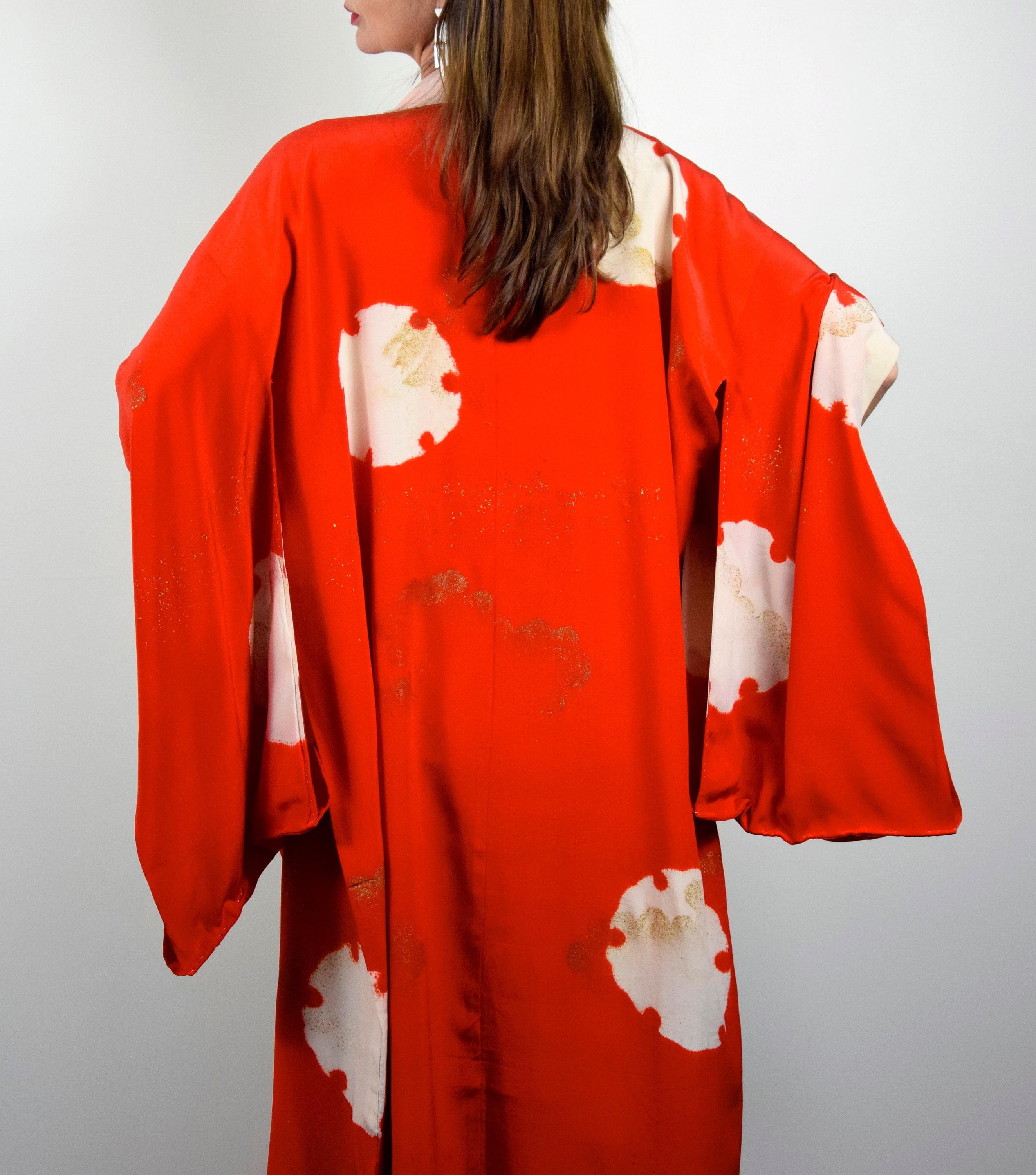 Red Japanese Kimono Silk with Obijime belt, antique Silk Gown, Silk