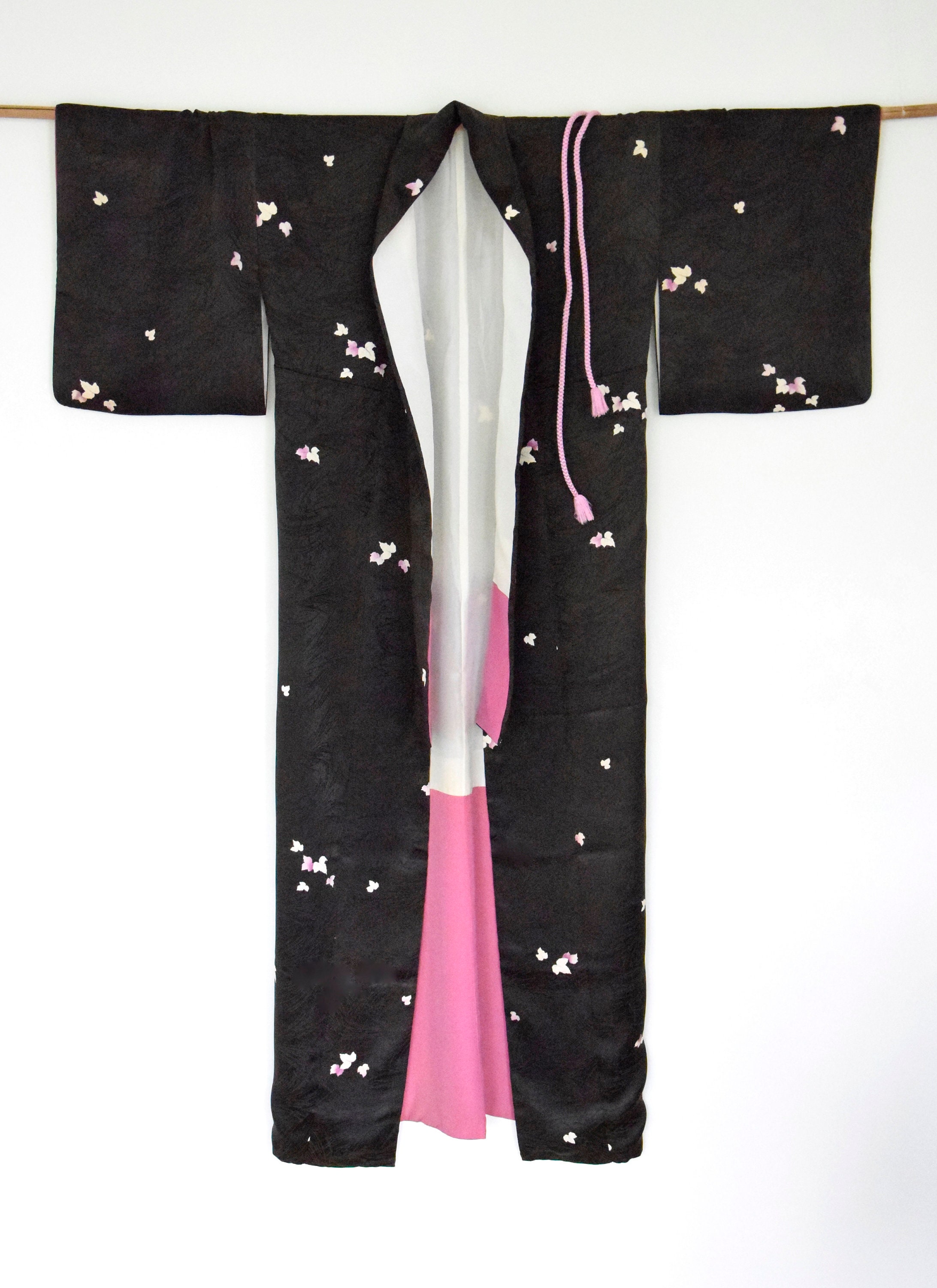 Japanese Vintage Kimono Robe Silk, black including Obijime (Kumihimo ...