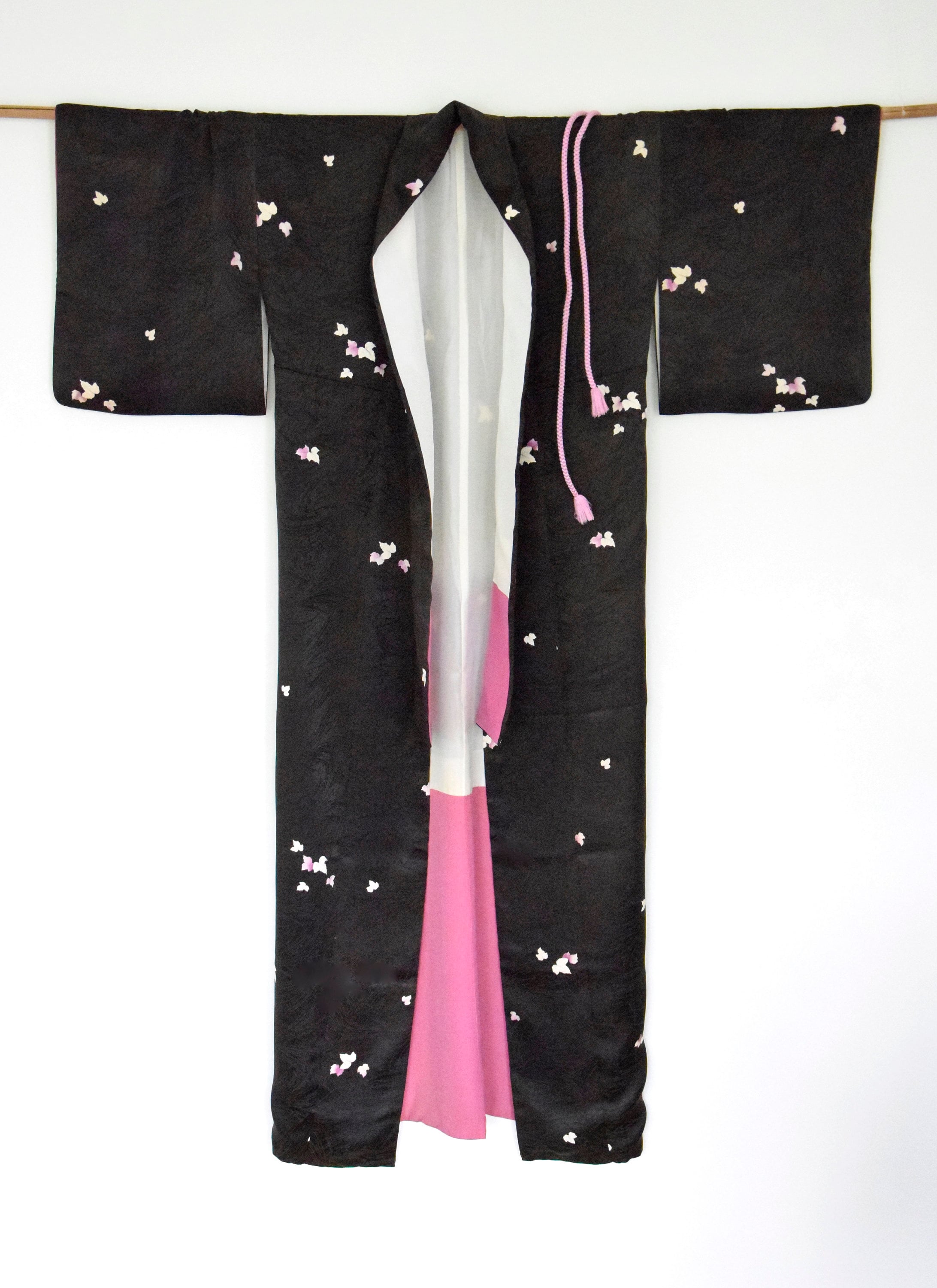 Japanese Vintage Kimono Robe Silk, black including Obijime (Kumihimo) belt, Silk Gown, Silk Robe