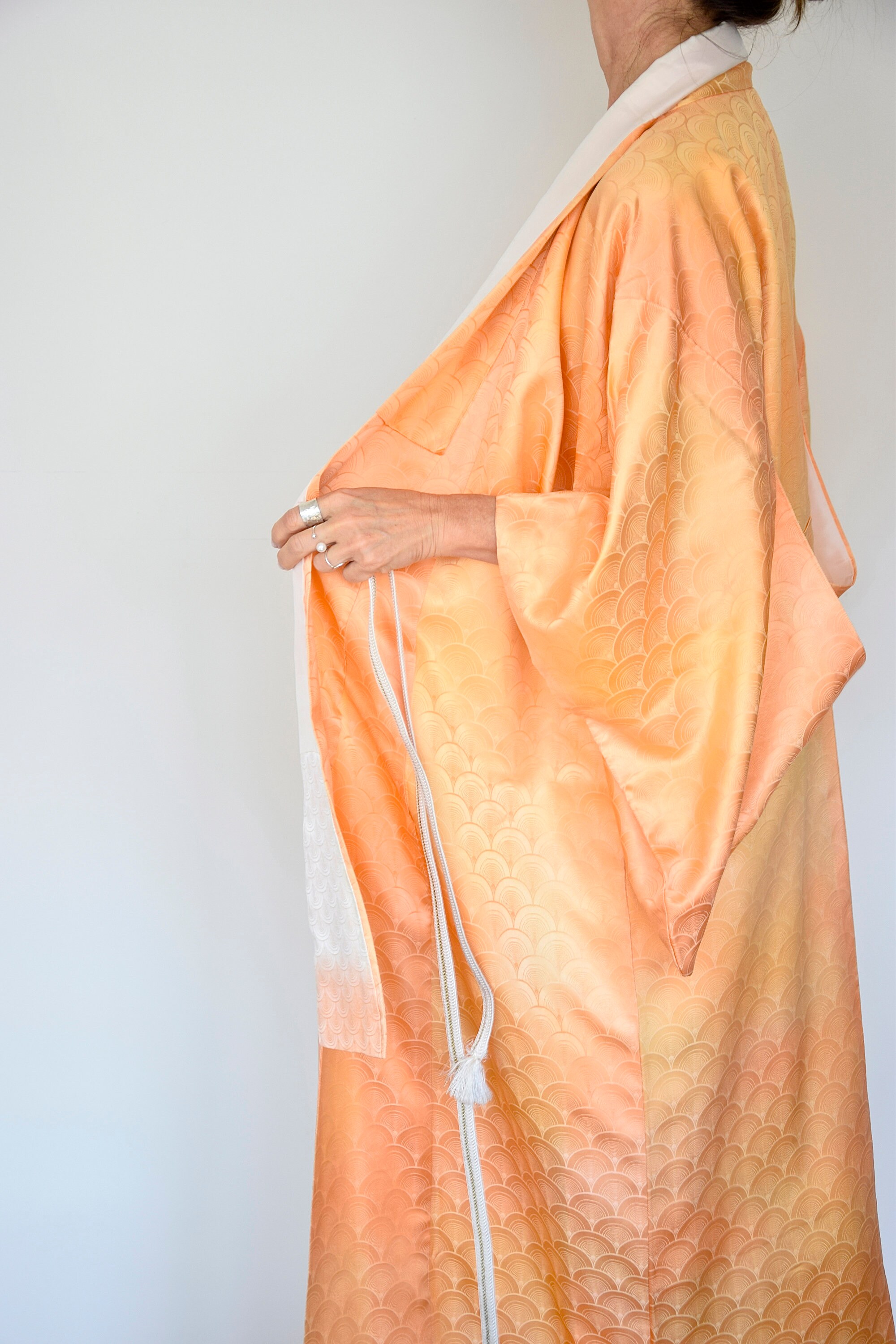 Japanese Vintage Kimono Robe Silk in apricot with Obijime belt, House ...