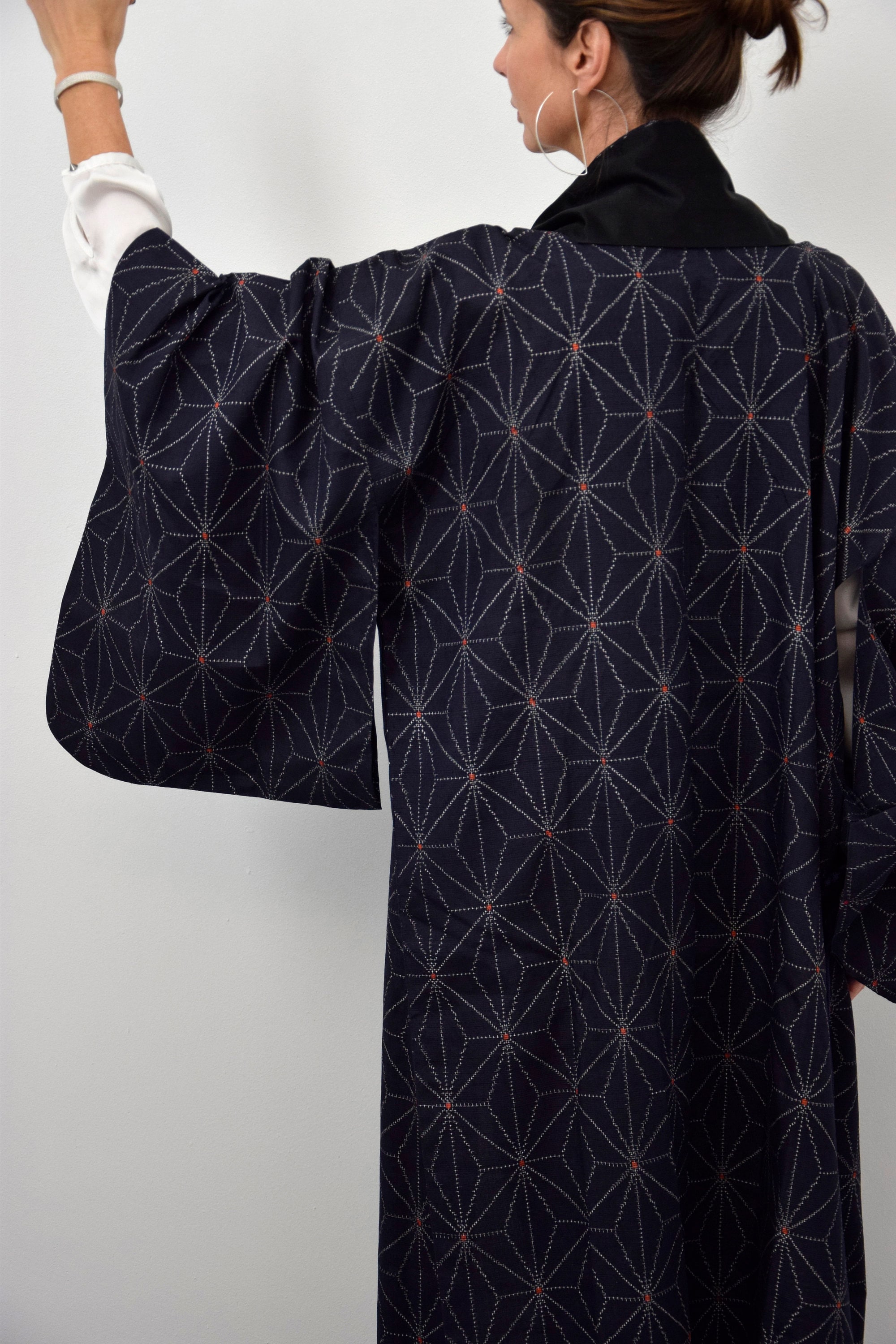 Kimono Coat, Japanese Vintage Kimono, blue, Ikat Pattern, unisex, Silk