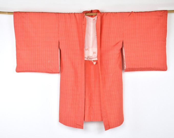 Original Japanese Vintage Haori, short silk Kimono Jacket in orange with beautiful lining, Vintage short Kimono, Wabi Sabi ,Present,