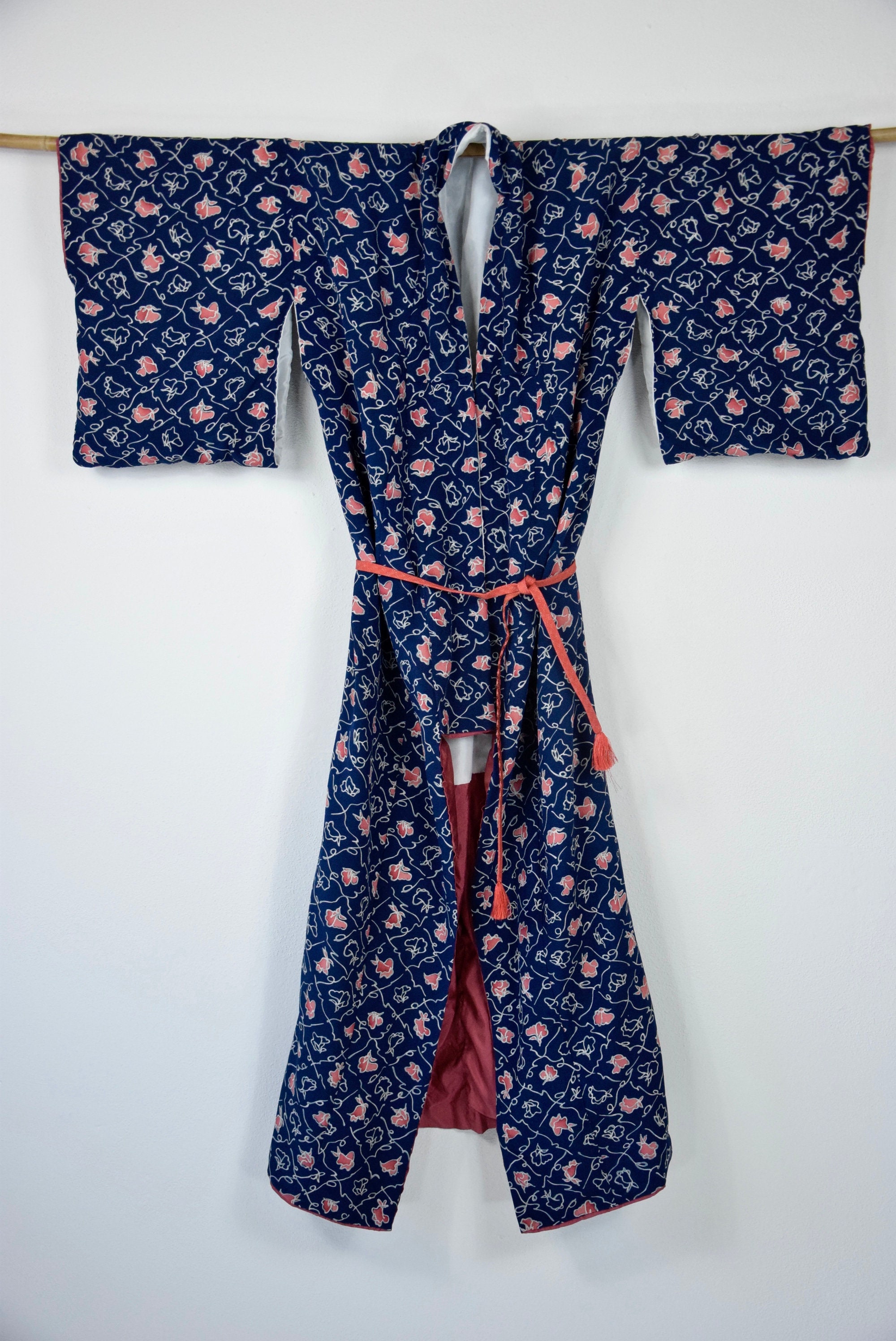 Kimono Dress, Japanese Vintage Kimono Robe in blue Silk with Obijime ...