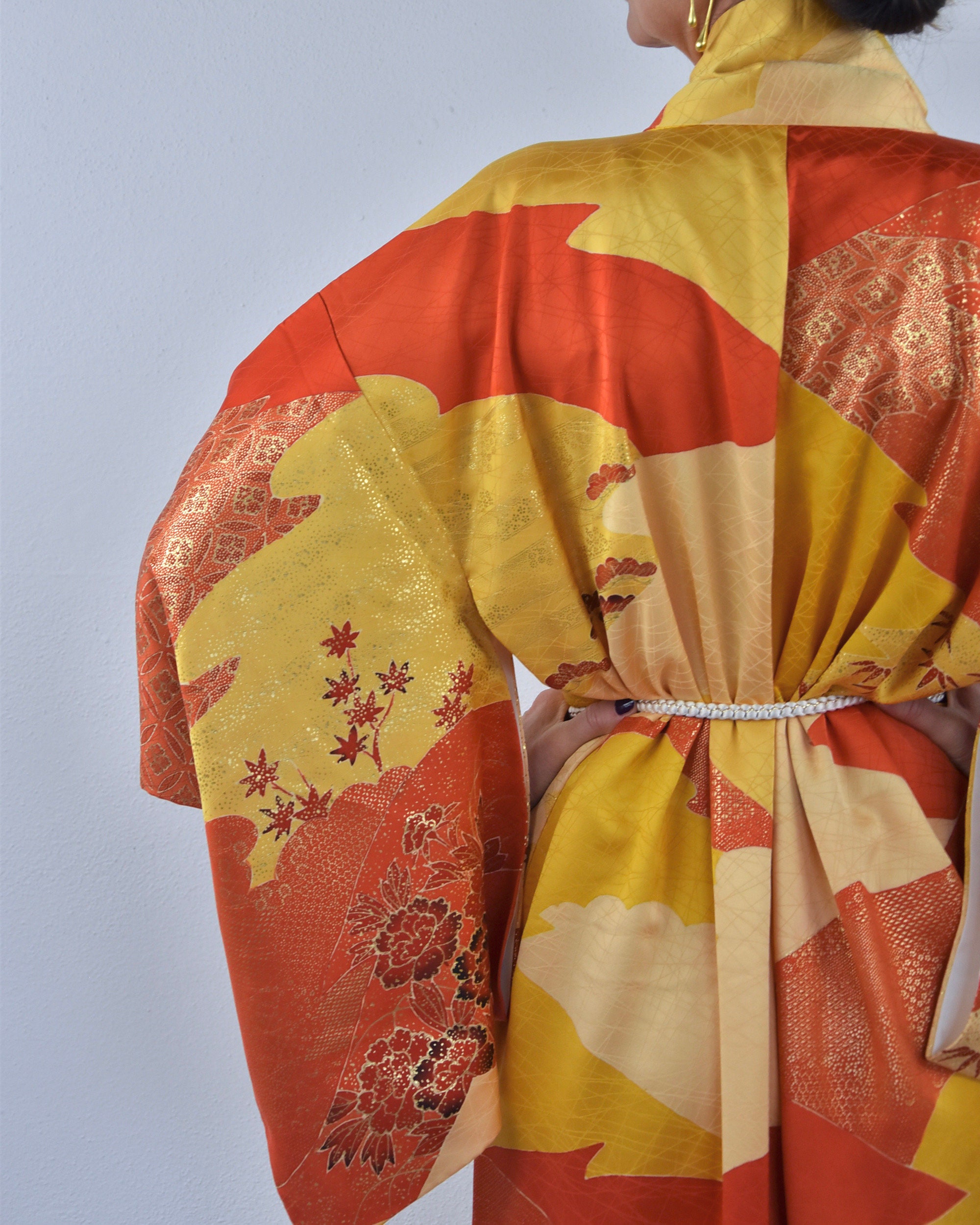 High Class Furisode Kimono in orange with beautiful flower