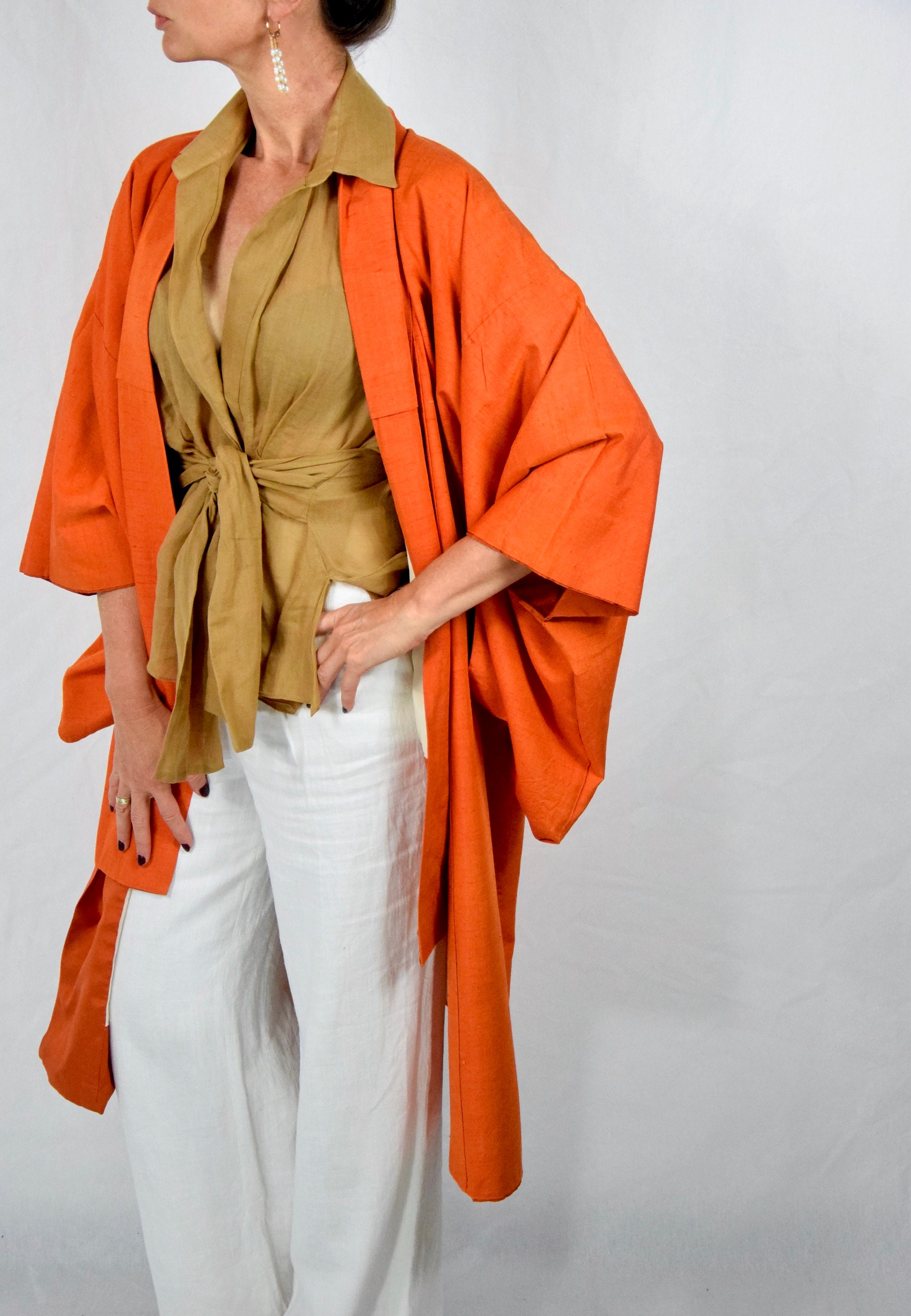 Kimono Coat in orange silk, shortened and cleaned Japanese Vintage