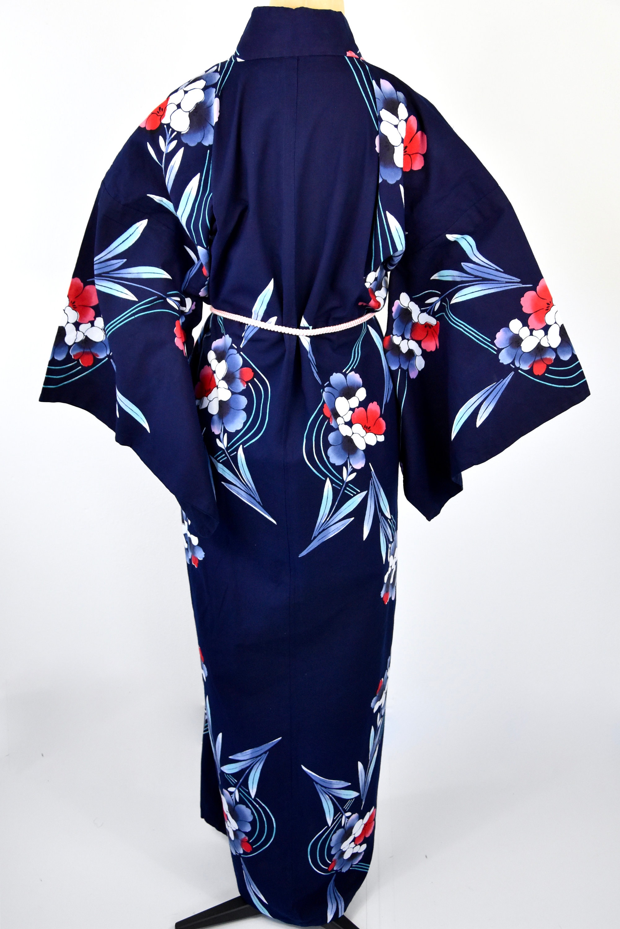 Japanese Yukata, Kimono in blue with silk Obijime belt, Cotton, Japanese Kimono, Dressing Gown