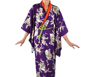 Japanese Antique Silk Kimono – Purple Floral Vintage Kimono with Red Lining & Obijime Belt – Wearable Art