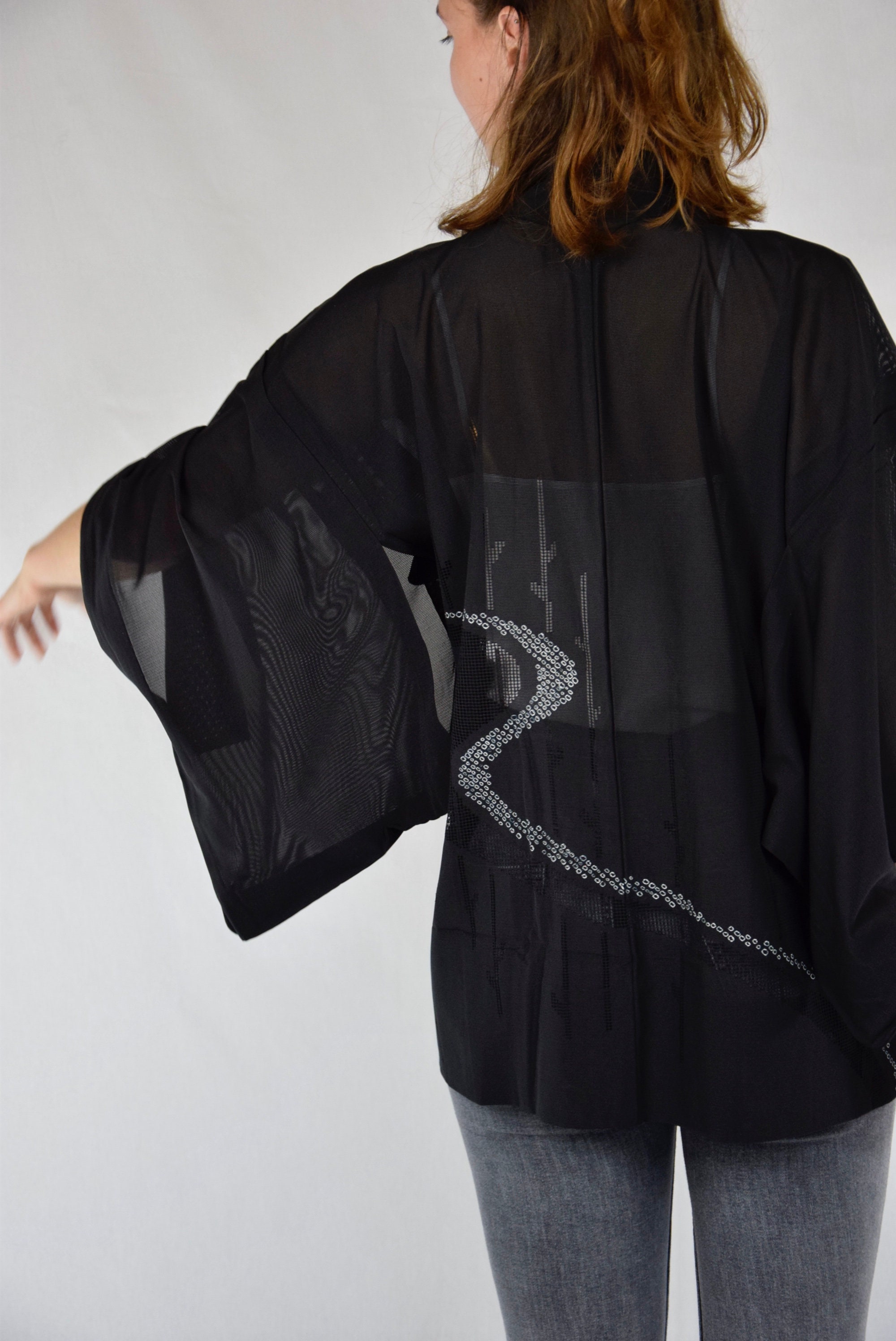 Kimono Jacket black, Vintage Haori, Summer Jacket, Short Kimono, Boho