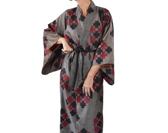 Gray Antique Silk Kimono Robe, Japanese Meisen Ikat, Antique Robe Silk, Japanese Gown with Silk cord belt, Kaftan