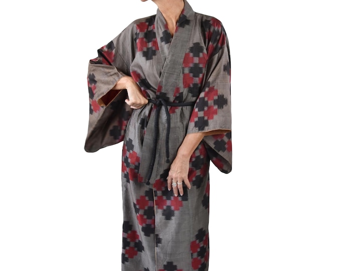 Gray Antique Silk Kimono Robe, Japanese Meisen Ikat, Antique Robe Silk, Japanese Gown with Silk cord belt, Kaftan