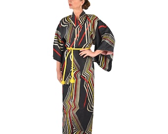 Black Antique Silk Kimono Robe, Japanese Meisen Ikat, Antique Robe Silk, Japanese Gown with Silk cord belt, Kaftan