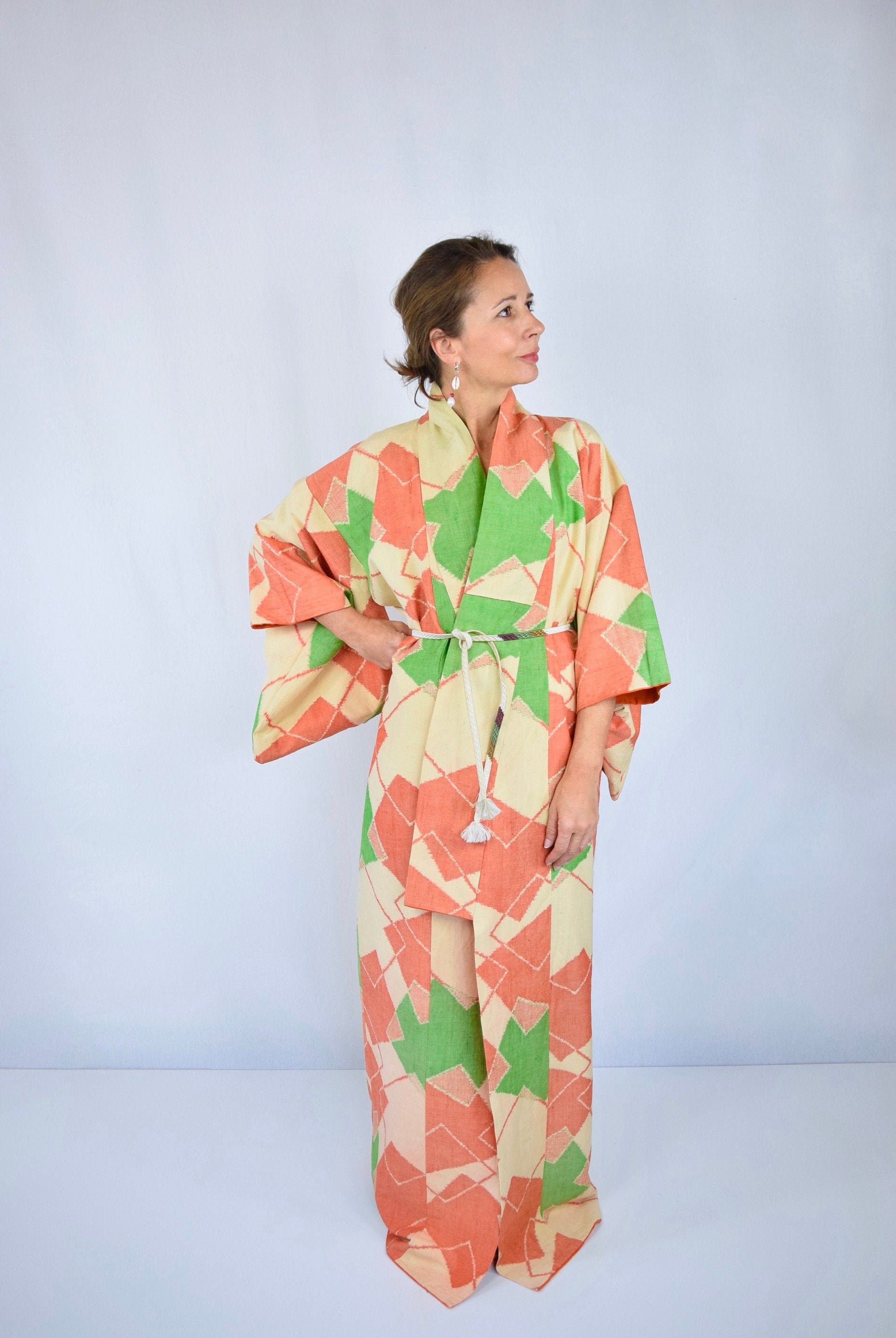 Cleaned Vintage Kimono / dressing gown / vintage dressing gown with Kumihimo Belt / Kimono Coat