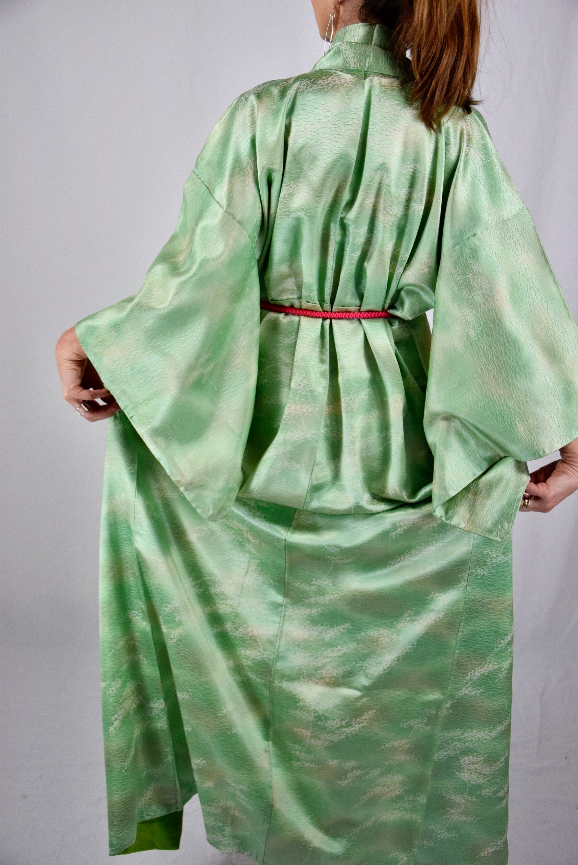 Japanese Vintage Kimono Robe Silk in green, including Obijime belt, Silk Robe, Present, Lounge