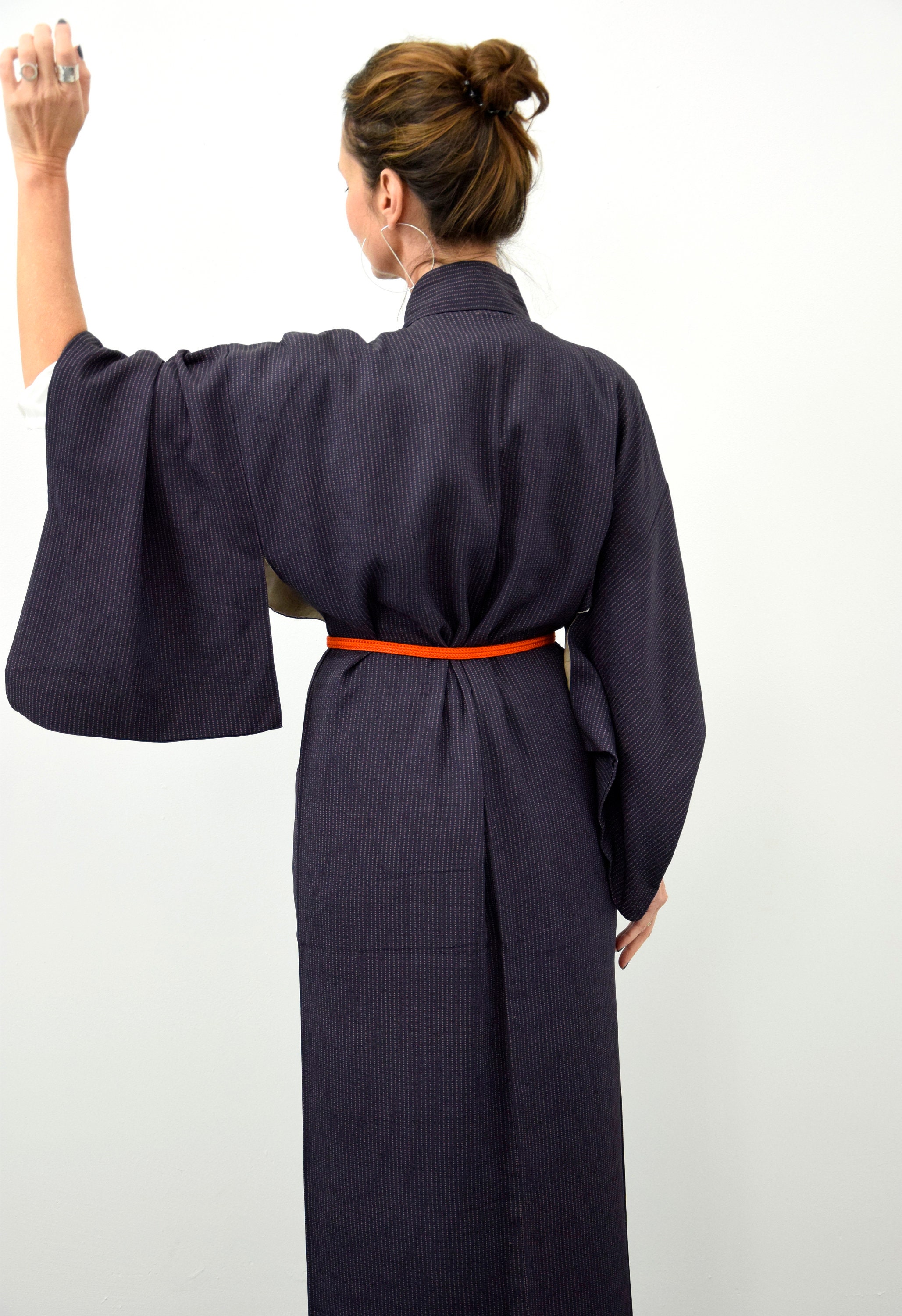 Japanese Kimono, Blue Vintage Silk, Unisex, Obijime Belt, Silk Robe