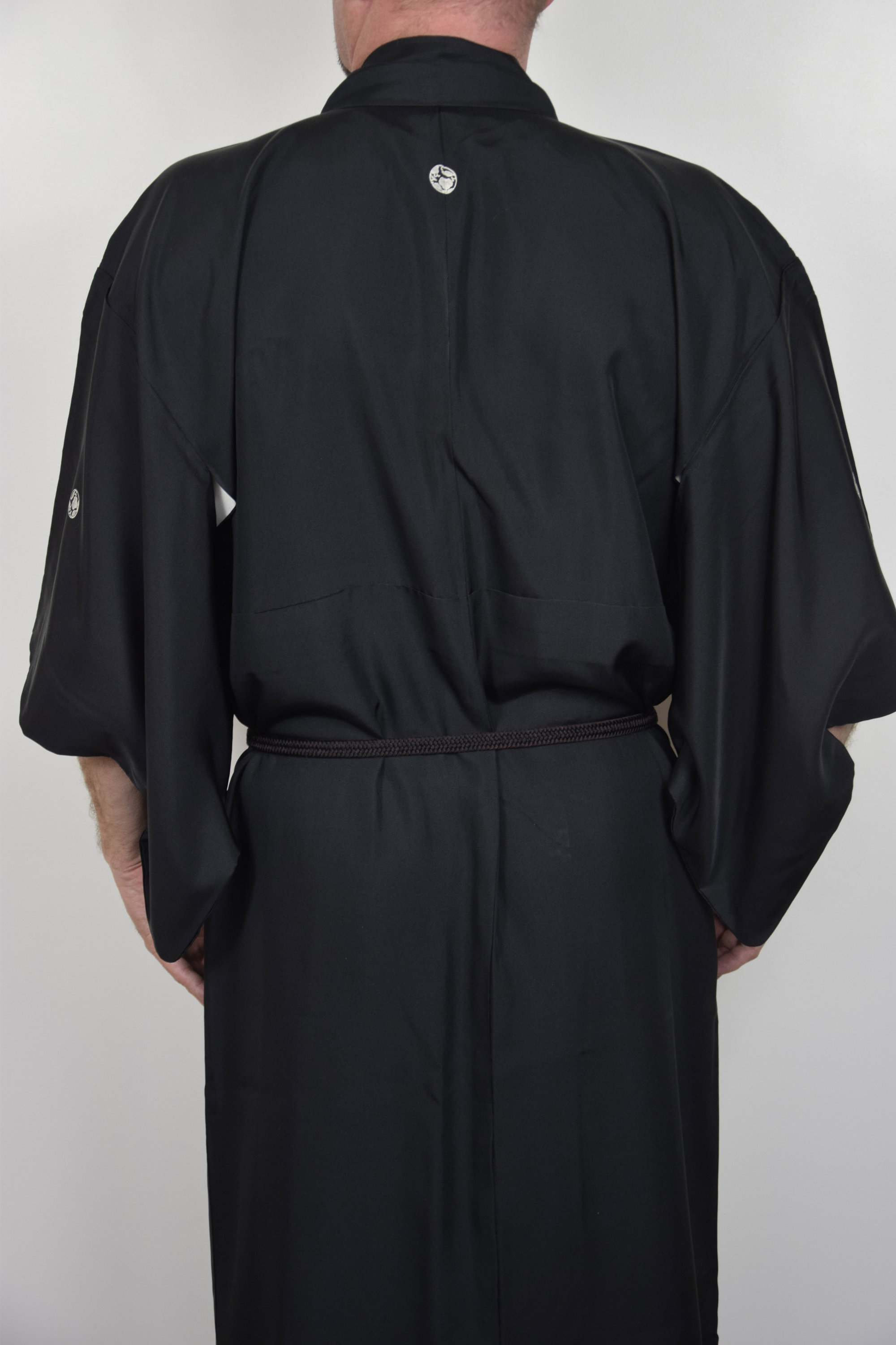 Japanese Vintage Kimono Robe Silk black with family crests and a silk hand braided Obijime belt