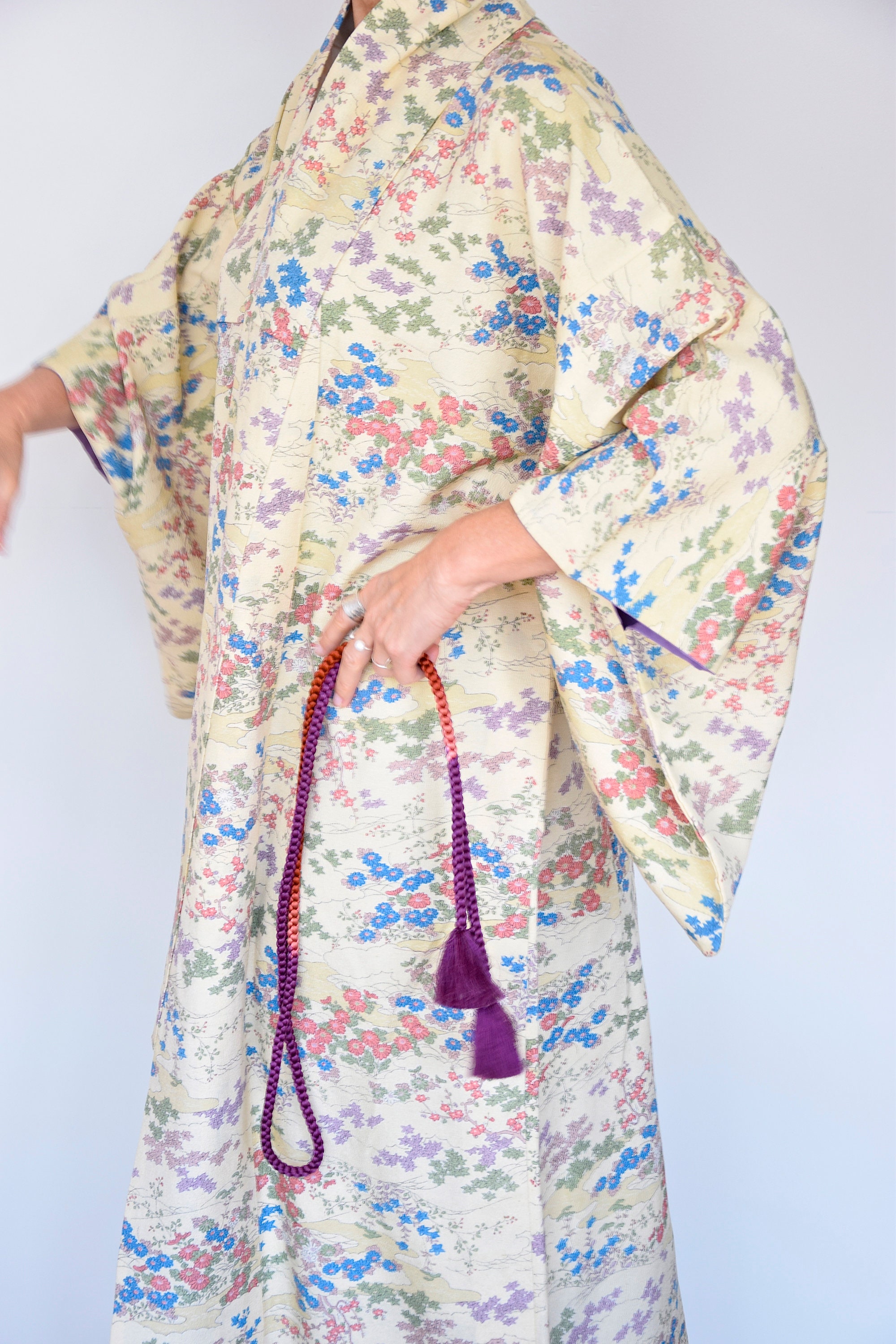Japanese Vintage Kimono Robe Silk With Flower Pattern Spring Kimono With Free Obijime Belt