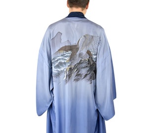 Manteau Kimono homme, Nagajyuban japonais, Nettoyé, Soie, Kimono japonais, Robe de chambre unisexe, Décoration murale, Cadeau pour lui