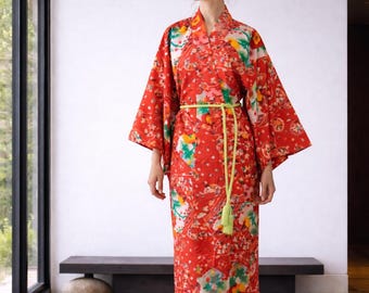 Silk Kimono Robe / Japanese Meisen Ikat Orange / Antique Robe Silk /  Ladies Japan Kimono with Silk cord belt / Kaftan / Dressing gown