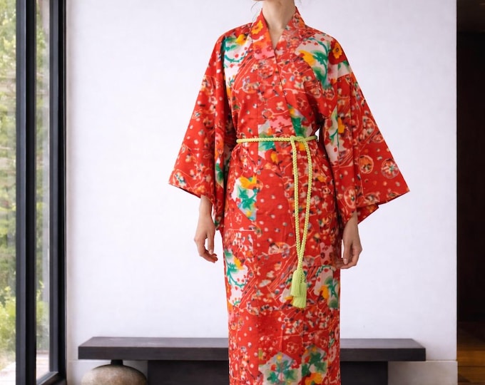 Silk Kimono Robe / Japanese Meisen Ikat Orange / Antique Robe Silk /  Ladies Japan Kimono with Silk cord belt / Kaftan / Dressing gown