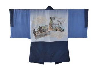 Kimonojacke "Tokaido", blaugrauer Haori, Japanischer kurzer Kimono, Samuraijacke, Wanddekoration, sustainable fashion,