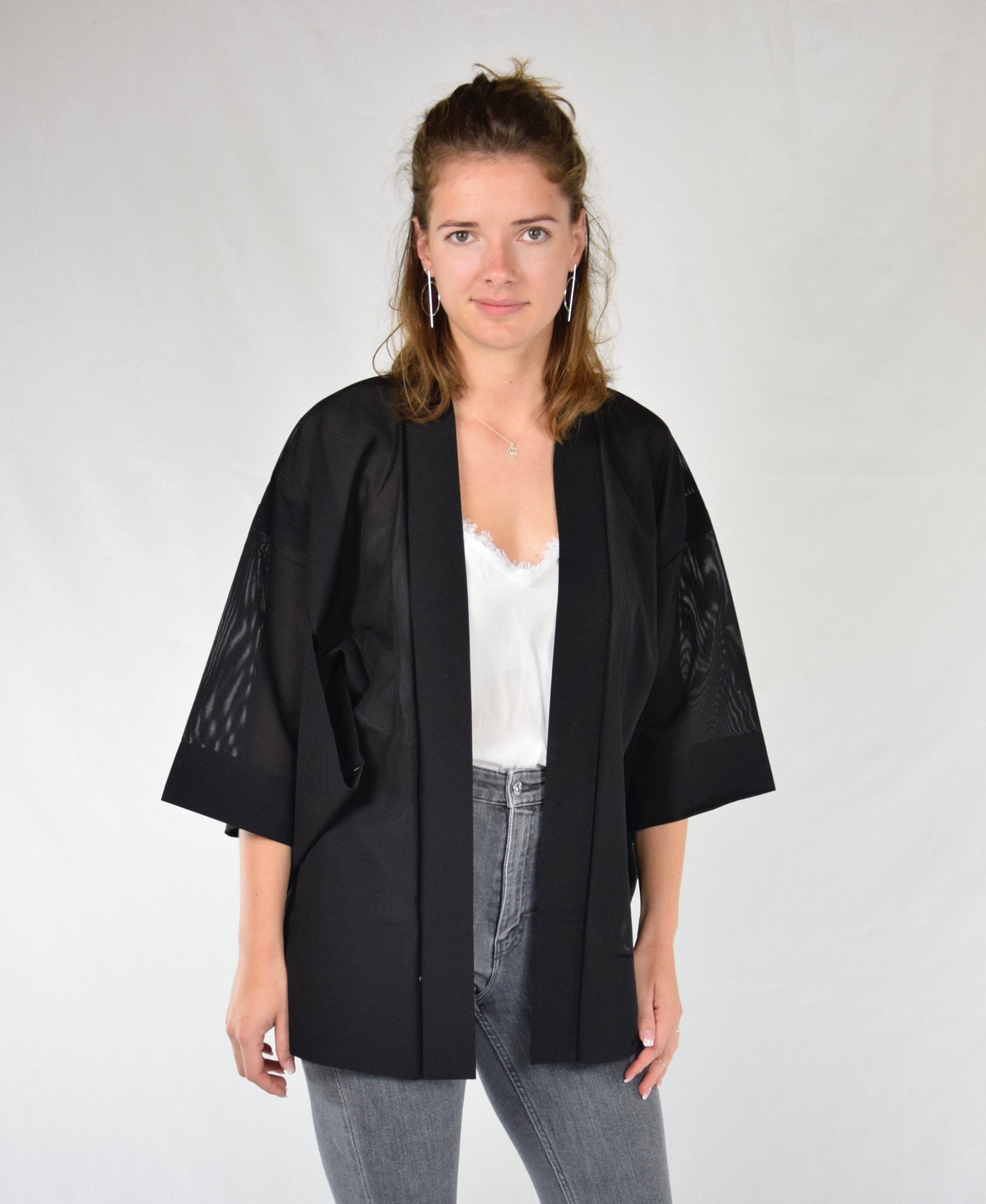 Kimono Jacket black, Vintage Haori, Summer Jacket, Short Kimono, Boho