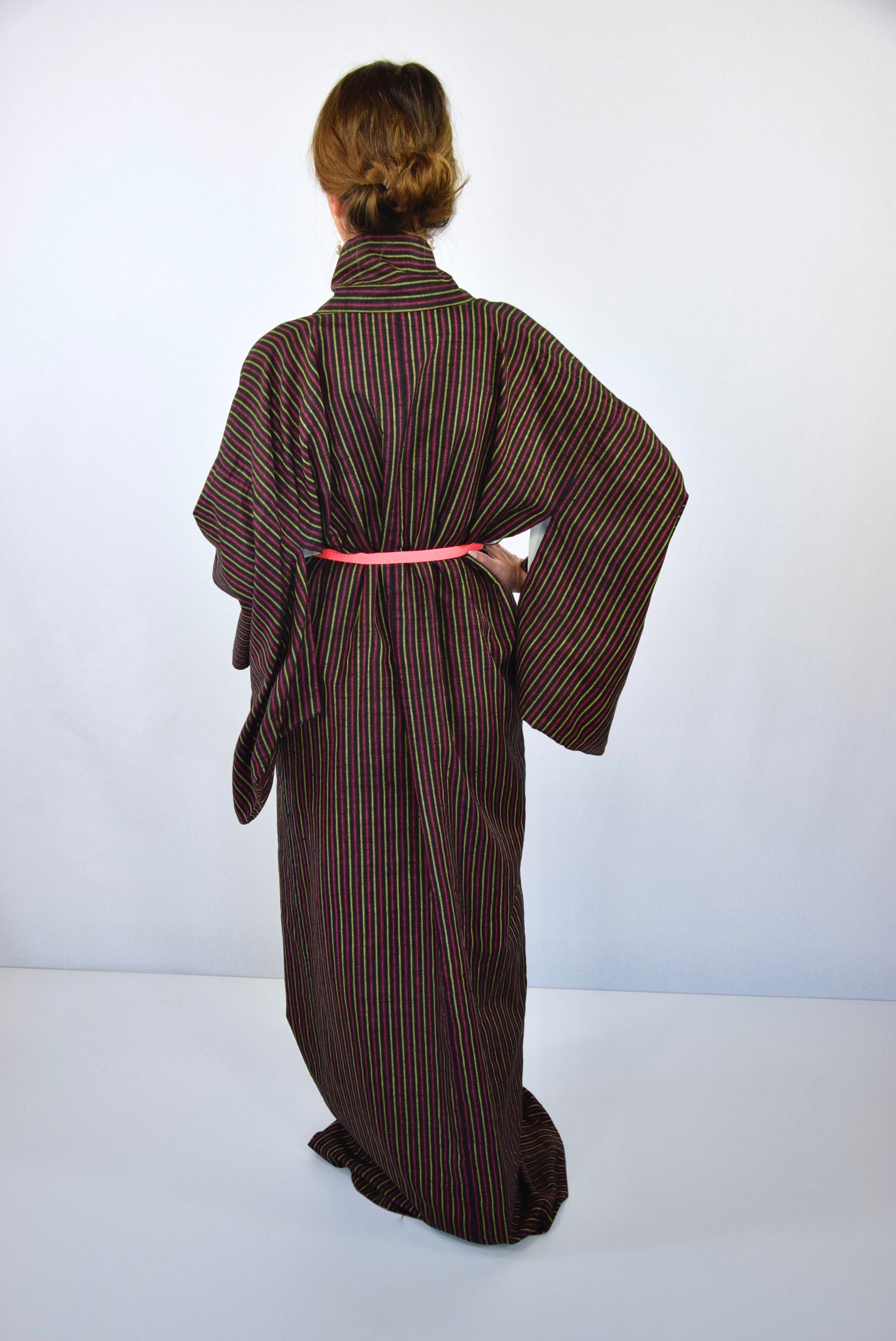 Cleaned striped Japanese Vintage Kimono Robe with matching Obijime Cord