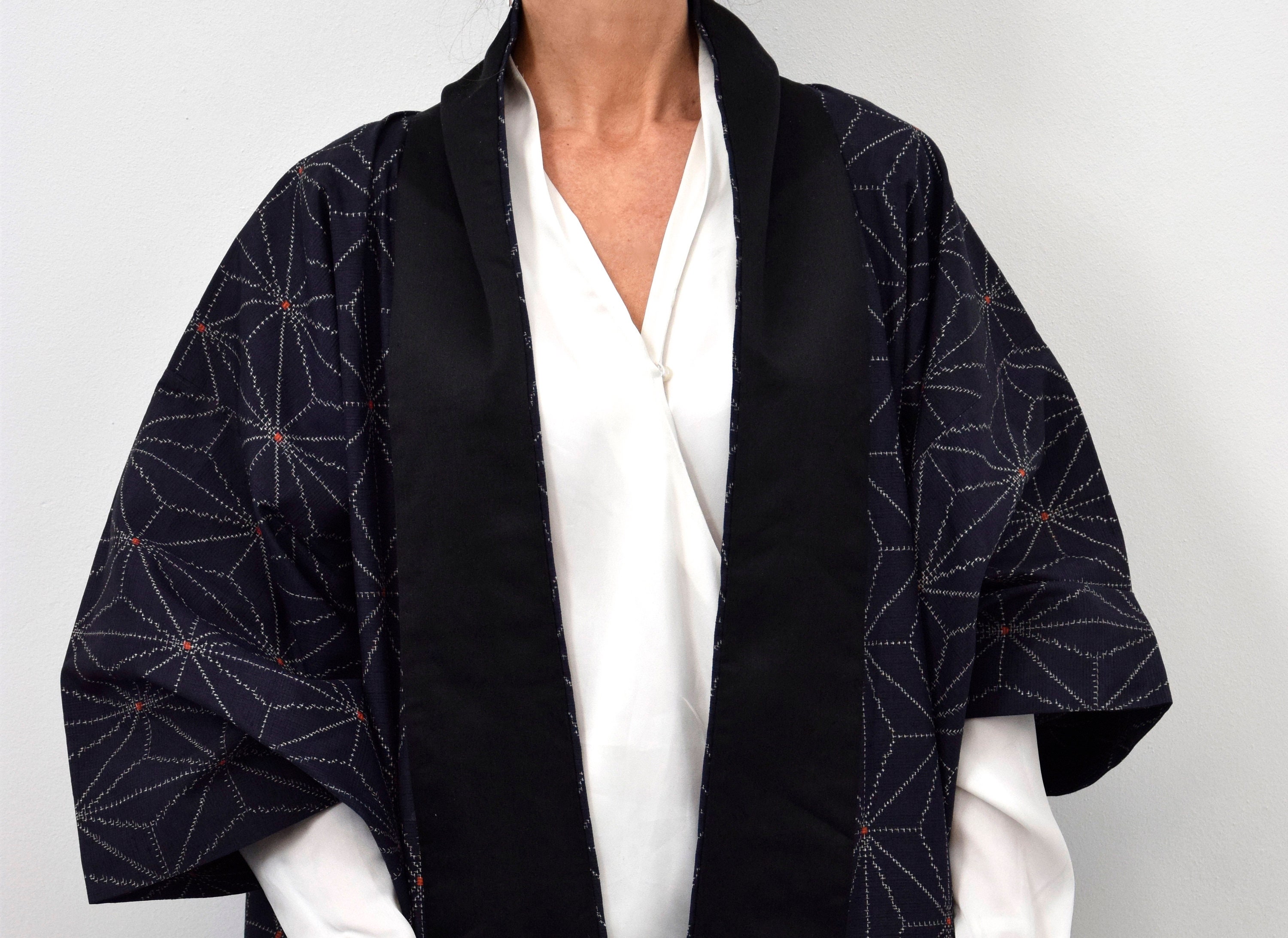 Kimono Coat, Japanese Vintage Kimono, blue, Ikat Pattern, unisex, Silk