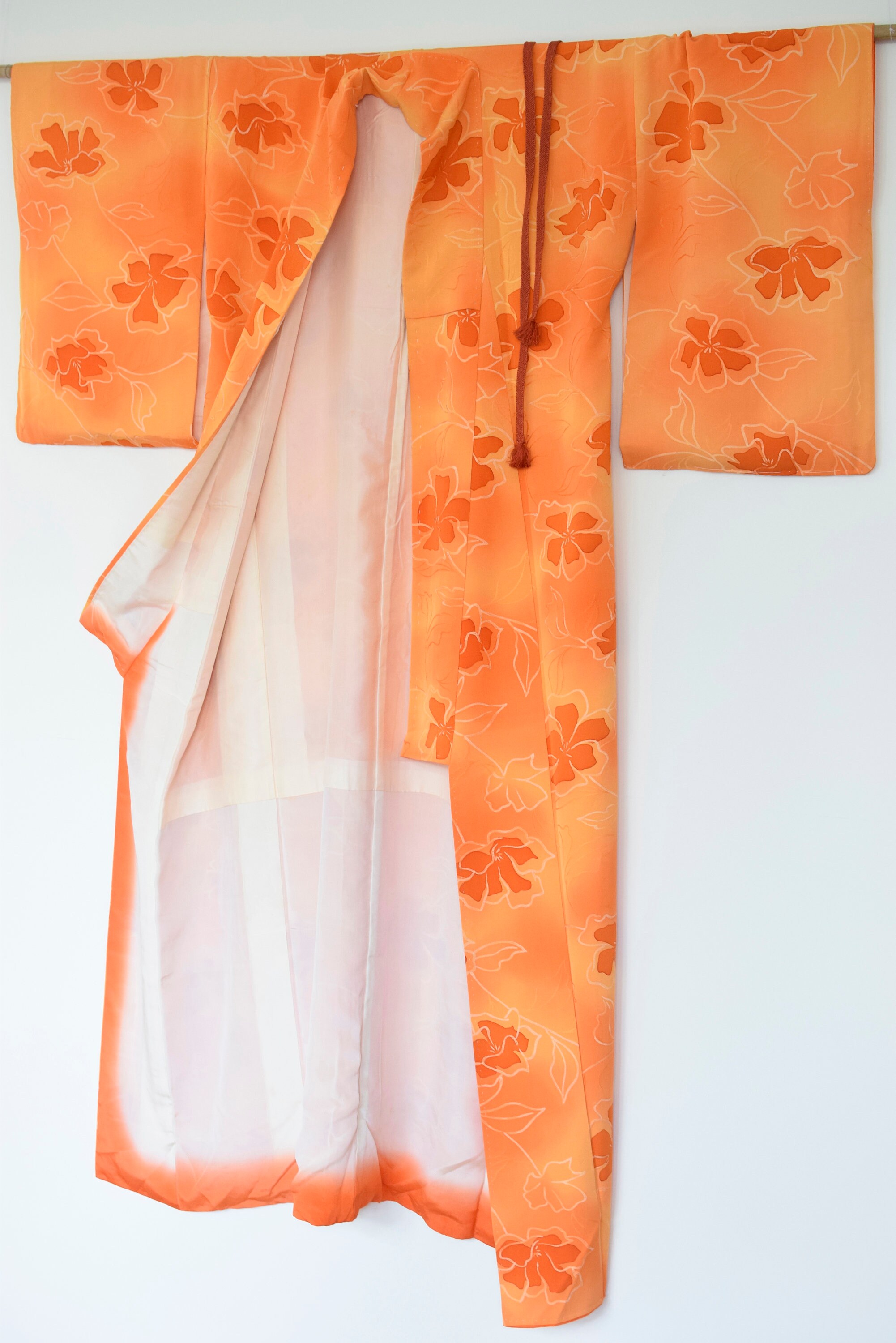 Japanese Vintage Kimono Robe Silk orange with Plumeria, silk Obijime belt, Silk Gown, Silk Robe