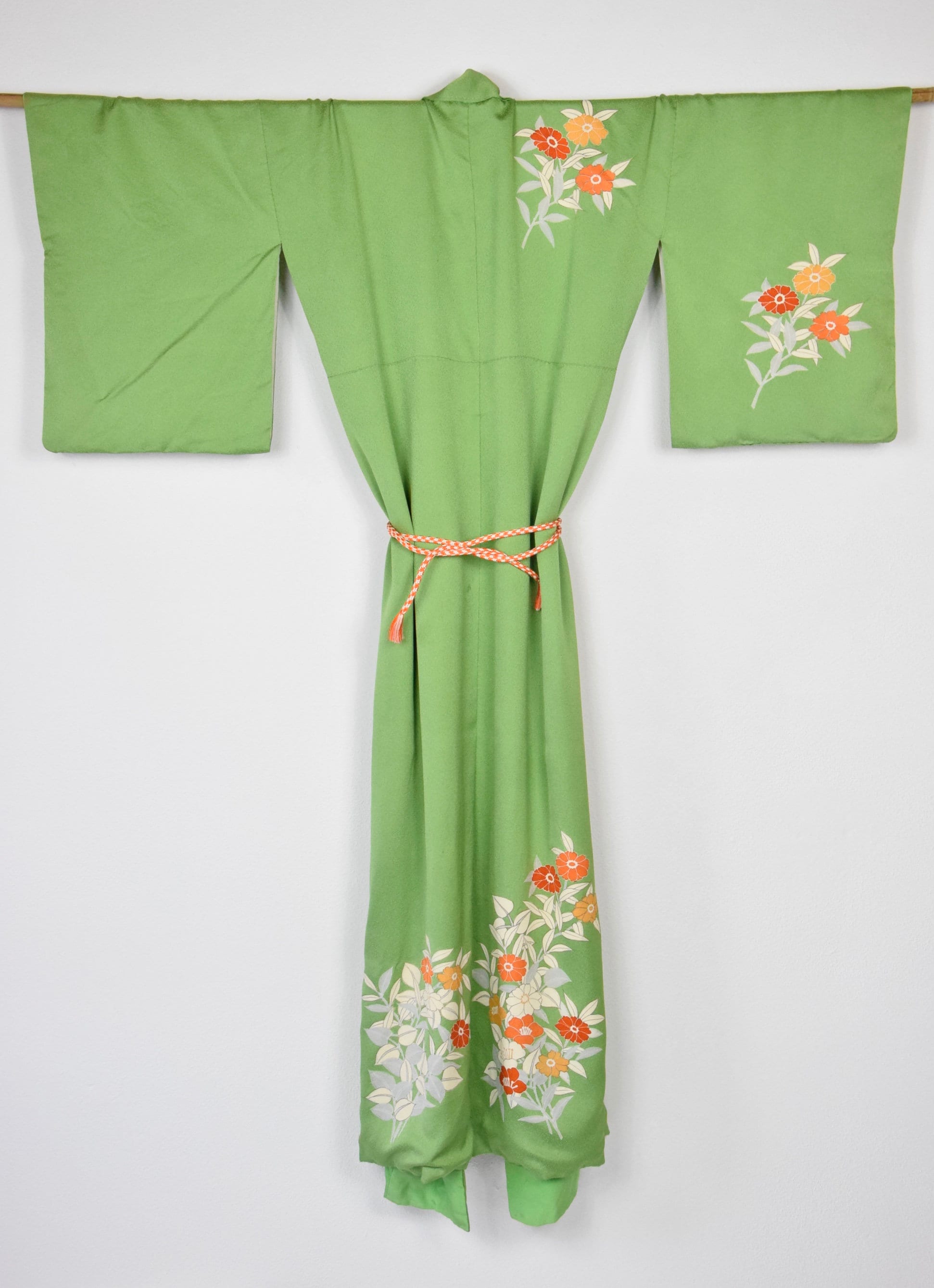 Japanese Vintage Kimono Robe in green silk with Obijime (Kumihimo) belt ...