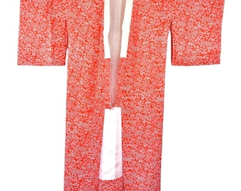 Orange red Lounge Wear / Silk Kimono  / cute flower pattern/ Ladies Summer Coat / Tunic / dressing gown