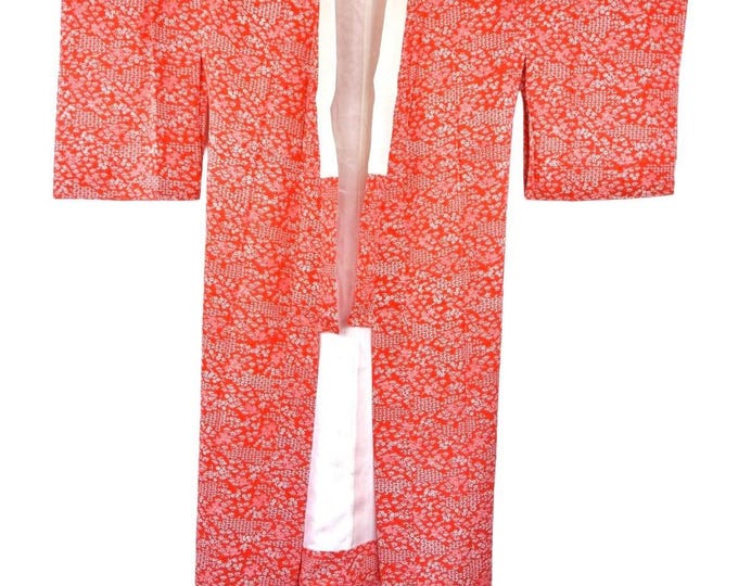 Orange red Lounge Wear / Silk Kimono  / cute flower pattern/ Ladies Summer Coat / Tunic / dressing gown