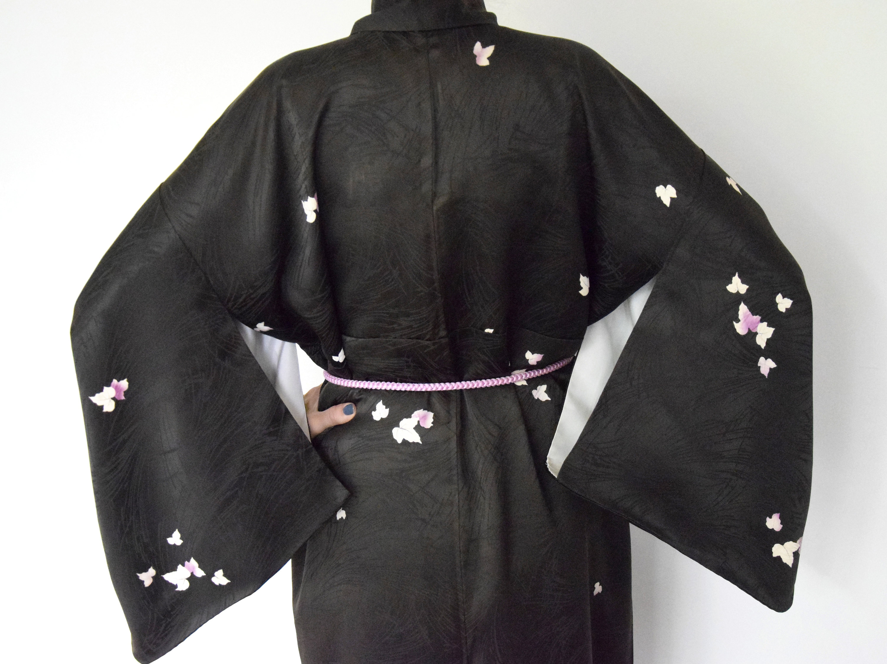 Japanese Vintage Kimono Robe Silk, black including Obijime (Kumihimo