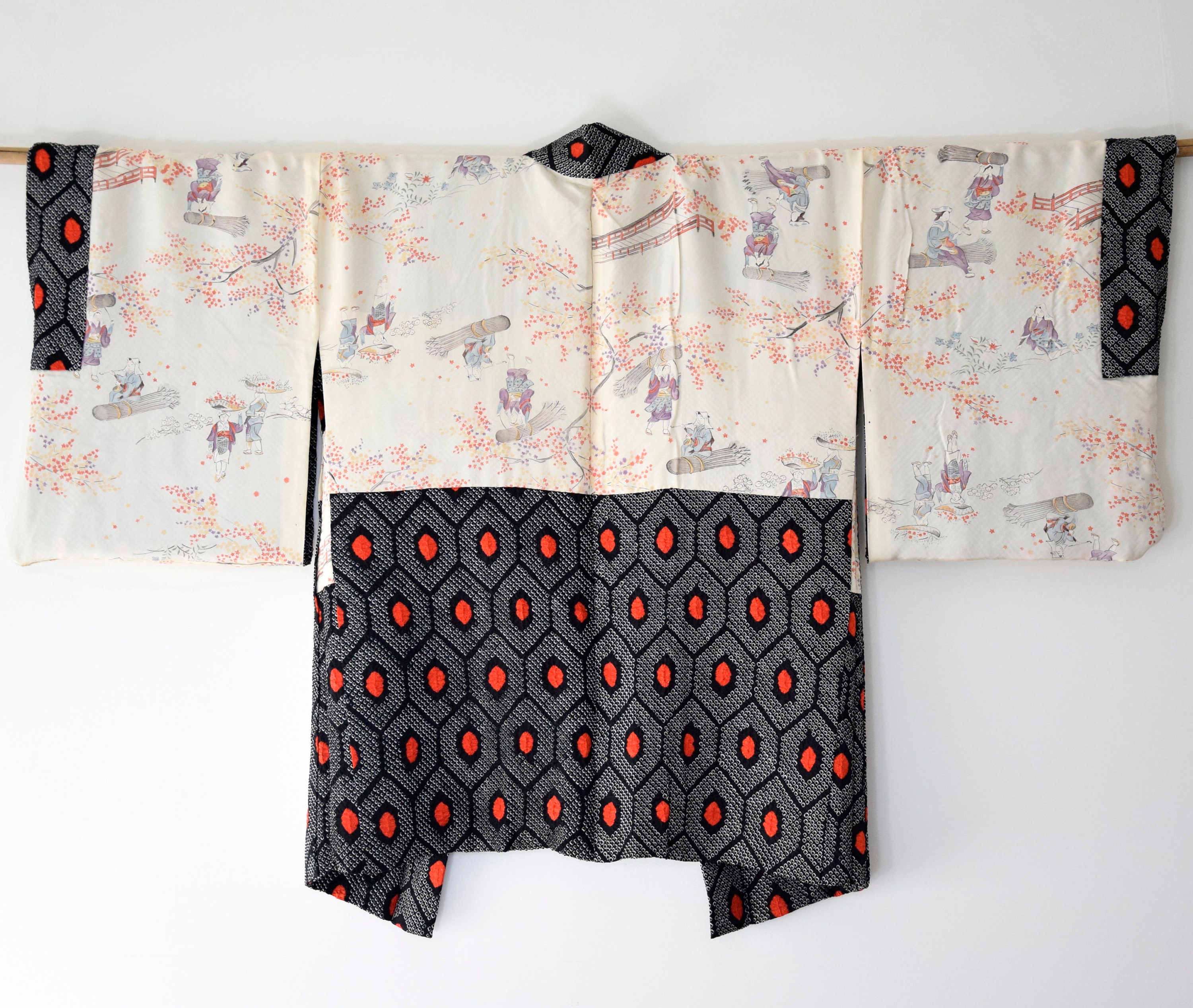 Vintage Kimono Jacket, Shibori Batik, Haori black and red, special silk ...