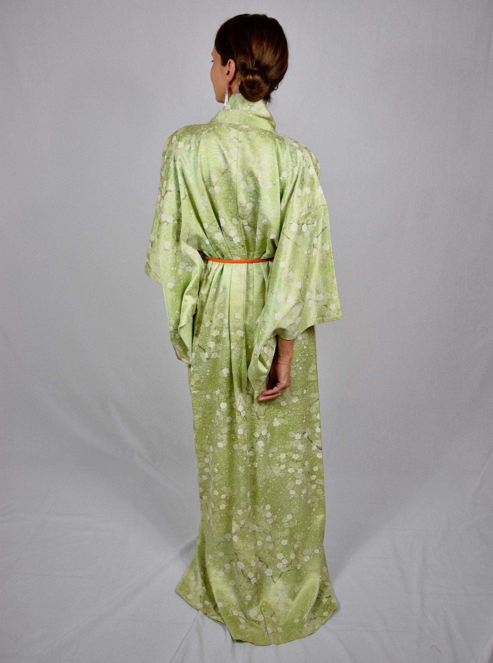 Japanese Vintage Kimono Robe Silk in green with Ume Plum blossoms