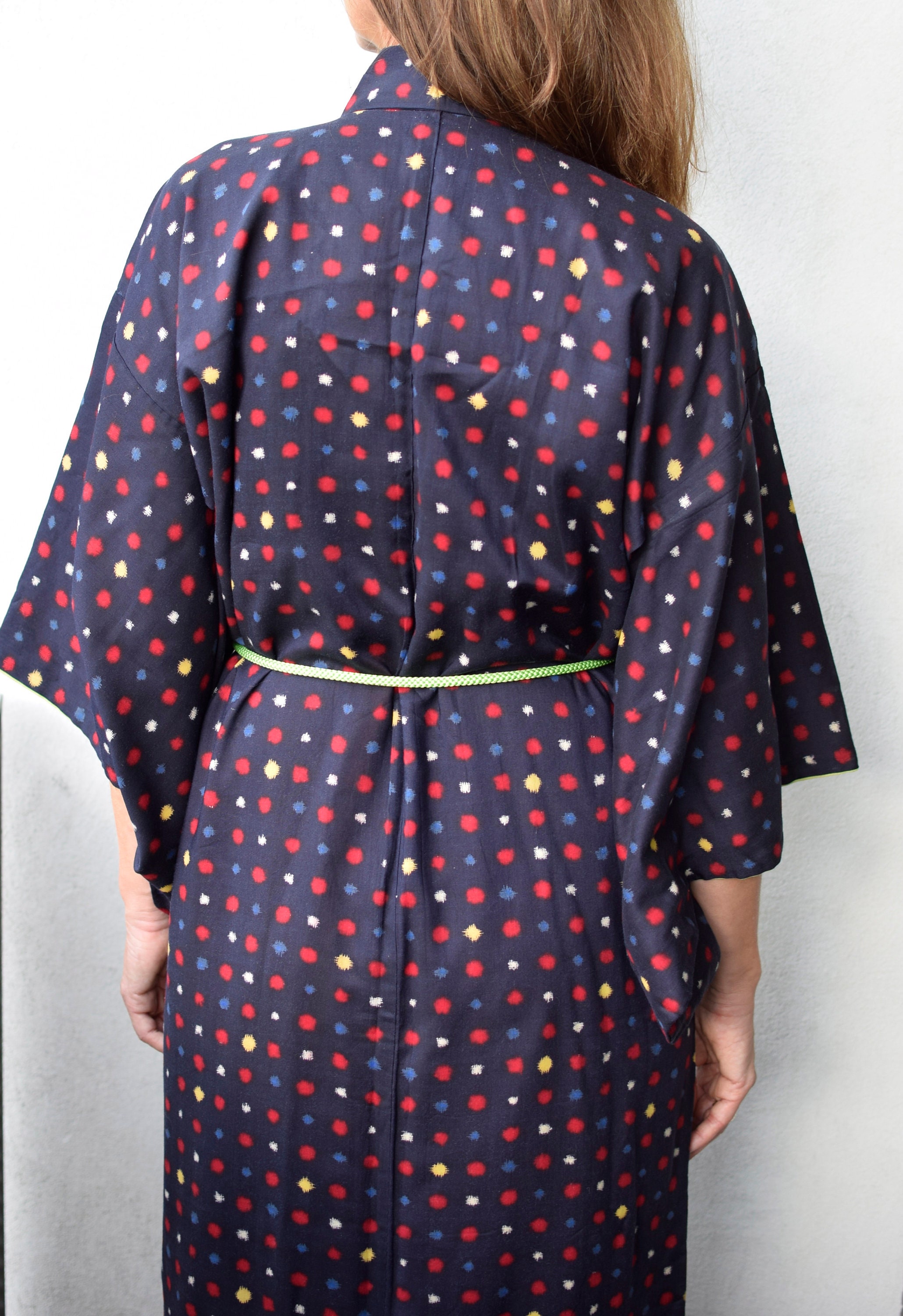 Vintage Kimono dark blue with dots and Belt, Kimono Robe, Coat, Boho