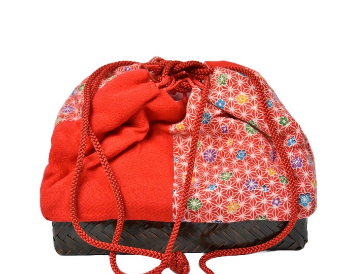 Takekago Kimono Bag, Japanese Kinchaku Bag, Bamboo Basket Bag for Kimono Kitsuke /Handbag  / red / sustainable fashion