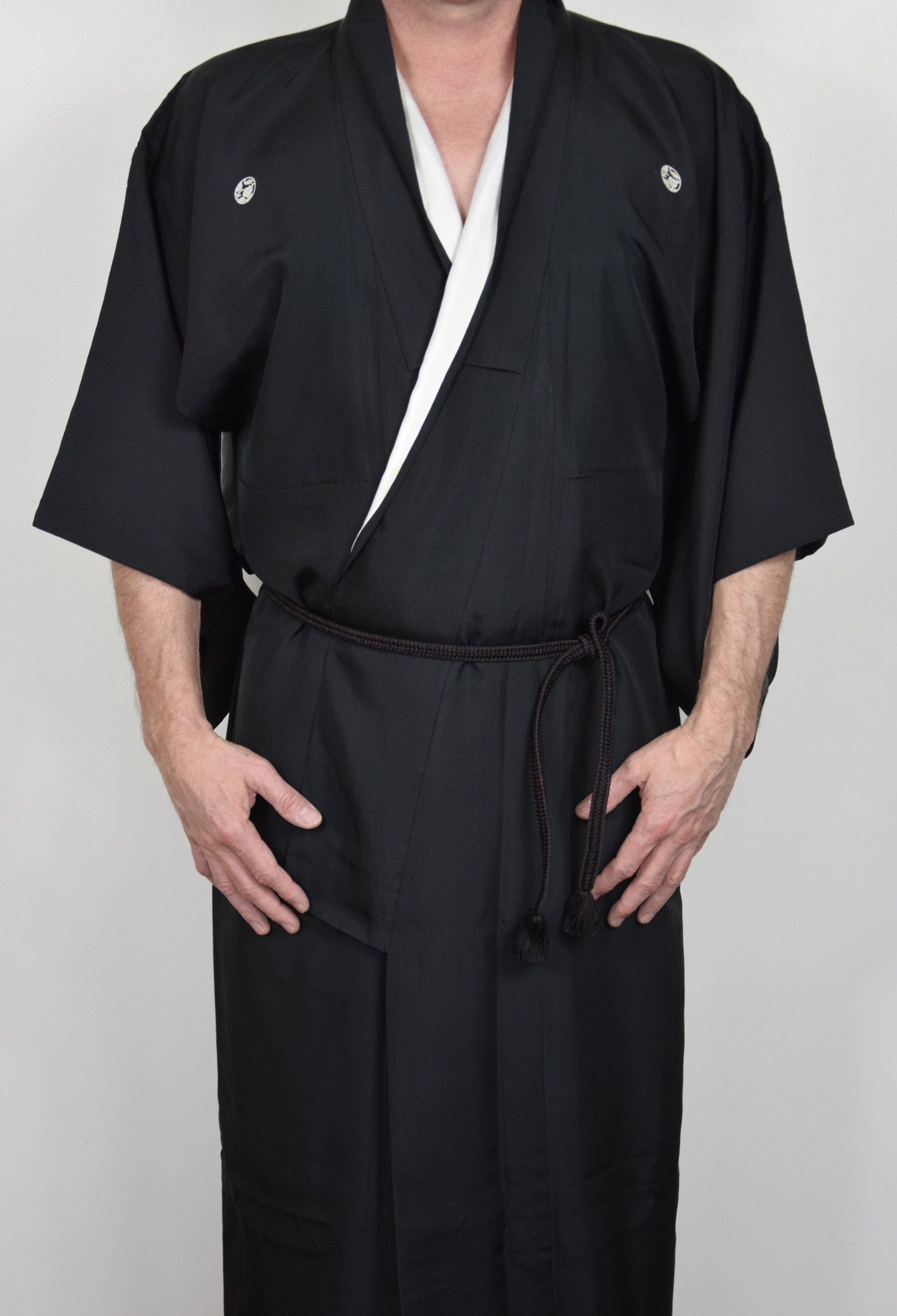 Japanese Vintage Kimono Robe Silk black with family crests and a silk hand braided Obijime belt