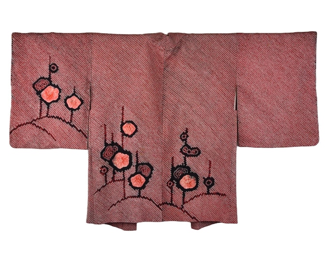Japanese stylish Kimono Jacket in red with a blue shade Shibori Batik, Haori, Silk Kimono Jacket,  ships from Germany
