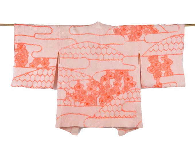 Kimono Cadigan/ Cleaned Vintage Haori / Shibori Batik / Silk Kimono Jacket orange salmon pink / Wearable Art / Shibori Batik / Short Kimono