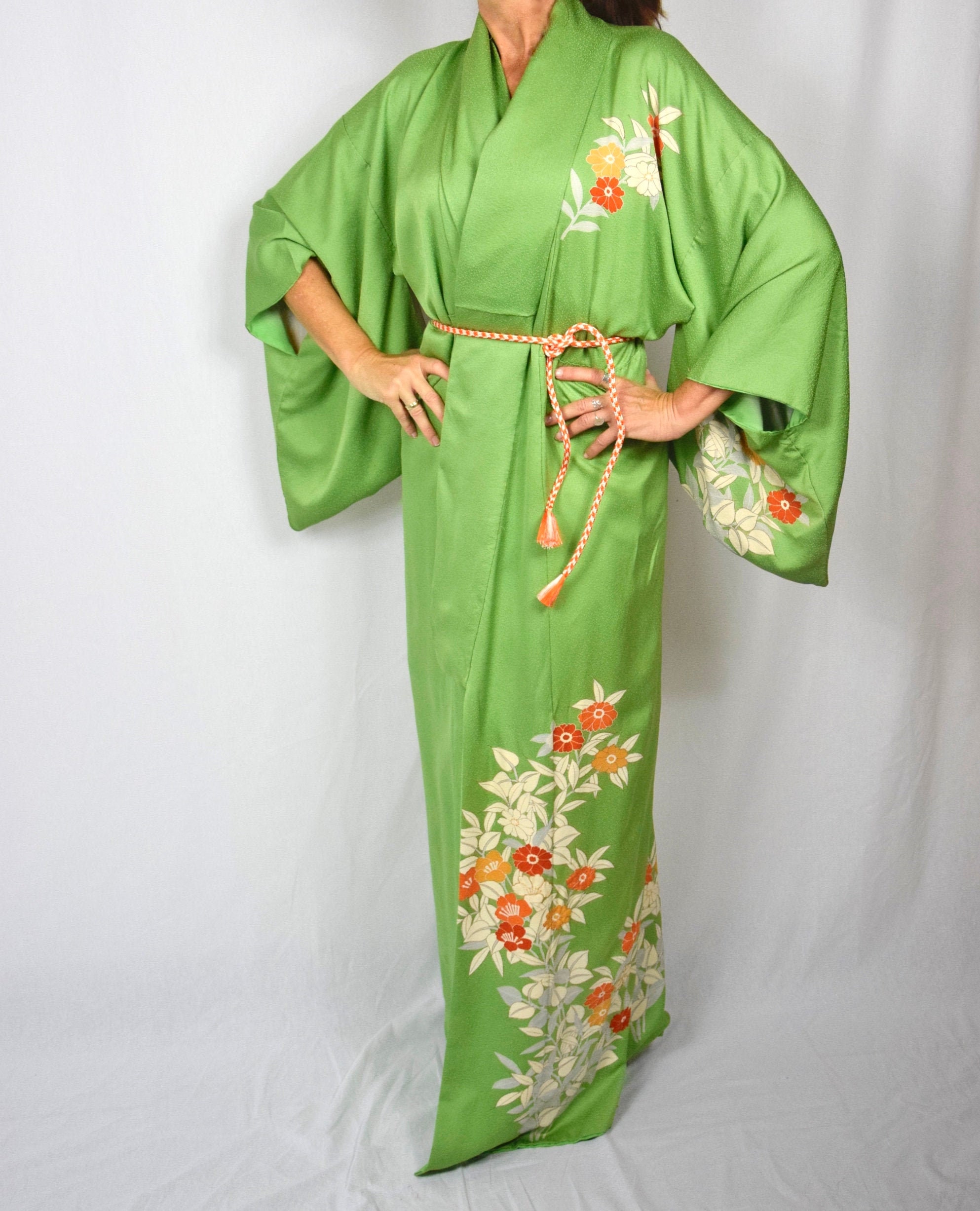 Japanese Vintage Kimono Robe in green silk with Obijime (Kumihimo) belt