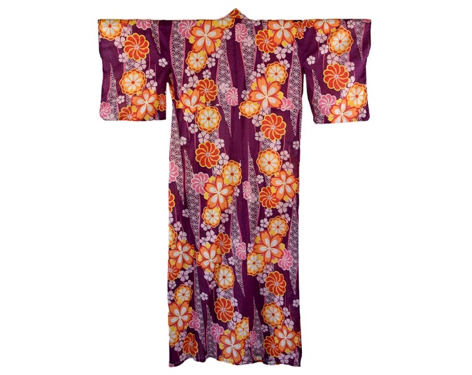 Japanese Yukata,  Kimono in purple with silk Obijime belt, Cotton, Japanese Kimono, Dressing Gown, Cleaned Vintage