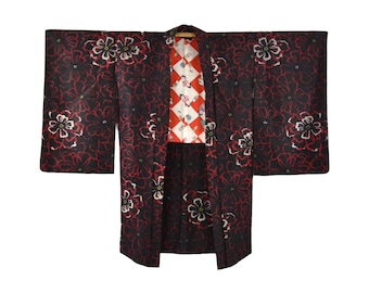 Rare Antique Black Japanese Kimono Coat/ Meisen Ikat Silk Haori / Kimono Jacket / Japanese short Kimono / sustainable fashion,