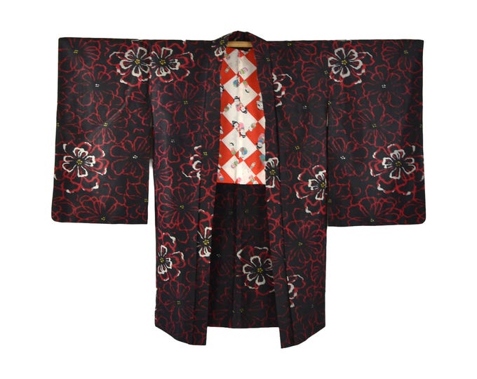 Rare Antique Black Japanese Kimono Coat/ Meisen Ikat Silk Haori / Kimono Jacket / Japanese short Kimono / sustainable fashion,